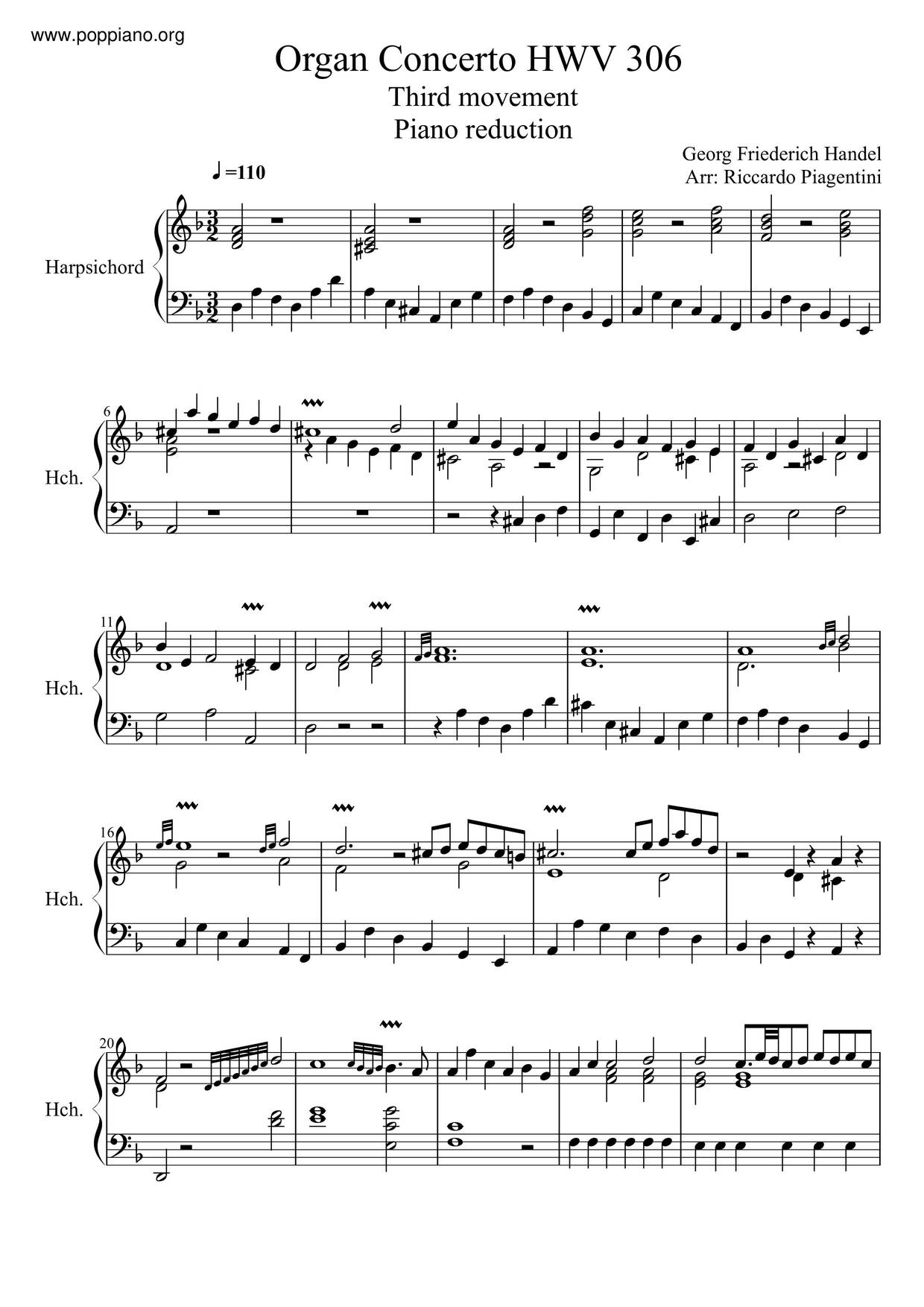 Organ Concerto In B-Flat Major, HWV 306 Score
