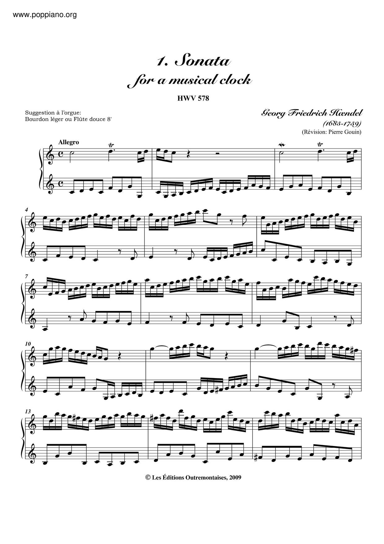 Sonata For A Musical Clock, HWV 578ピアノ譜