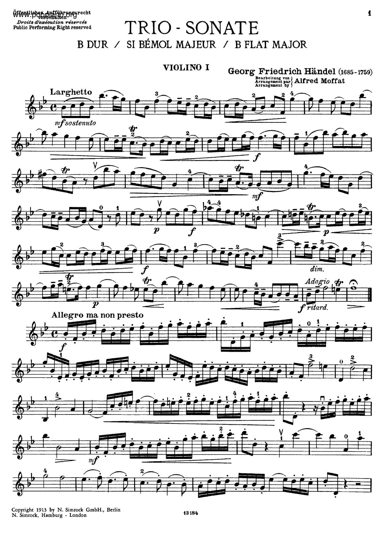 Trio Sonata In B-Flat Major, HWV 402琴谱