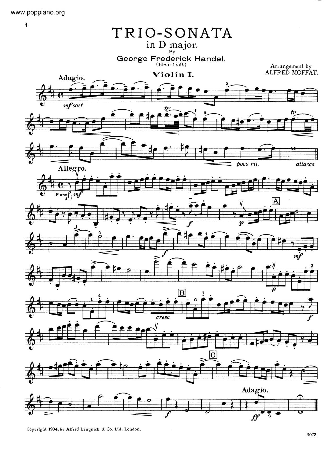 Trio Sonata In D Major, HWV 397 Score