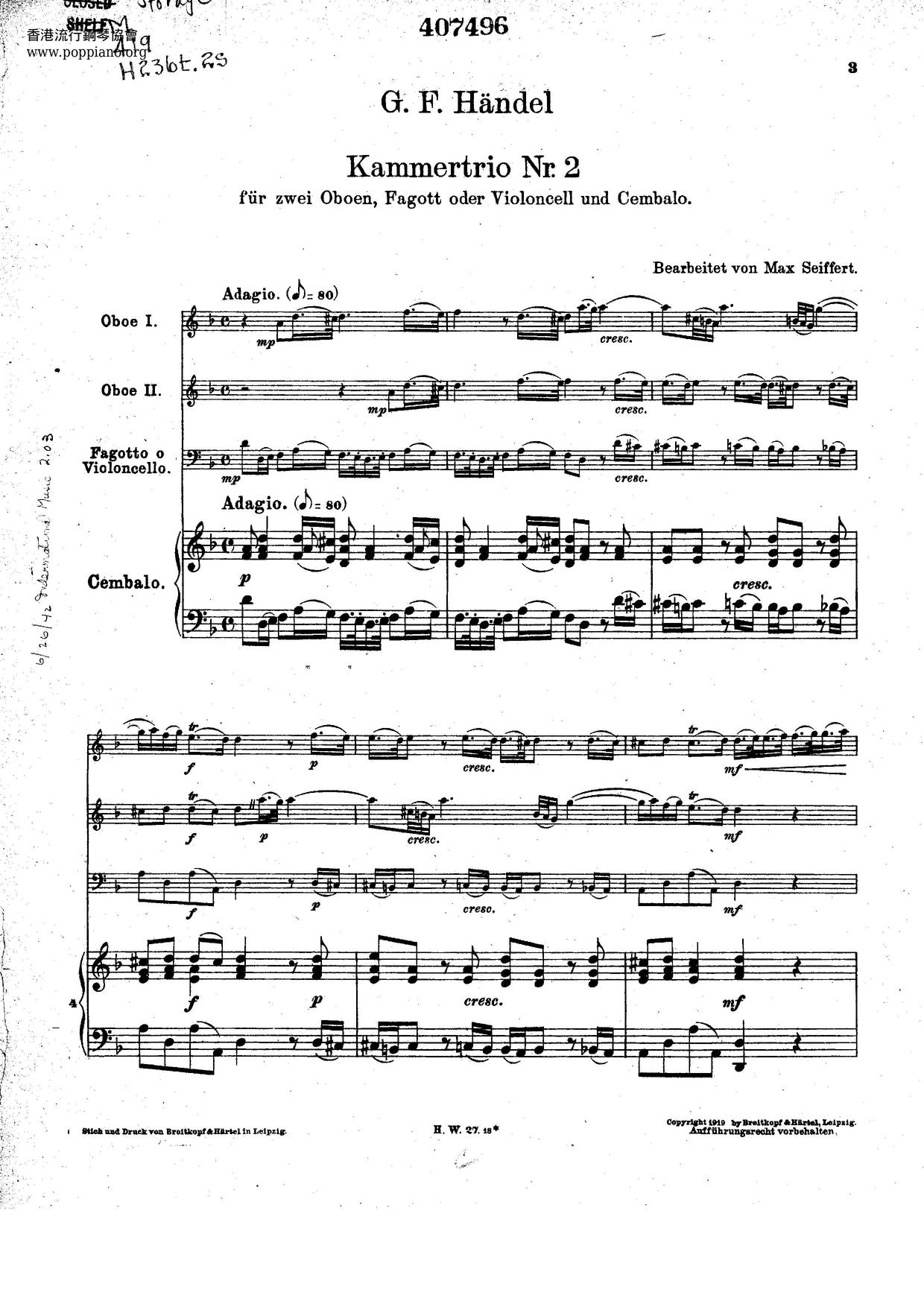 Trio Sonata In D Minor, HWV 381 Score