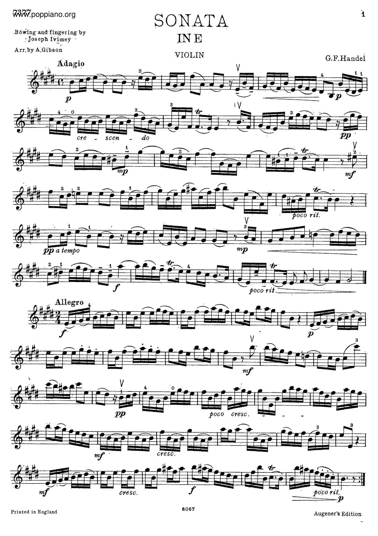 Violin Sonata In E Major, HWV 373琴谱