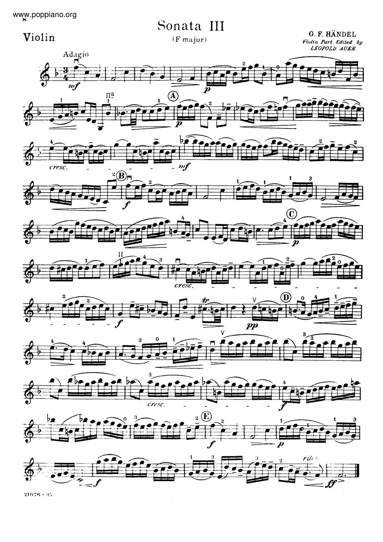 Violin Sonata In F Major, HWV 370琴谱