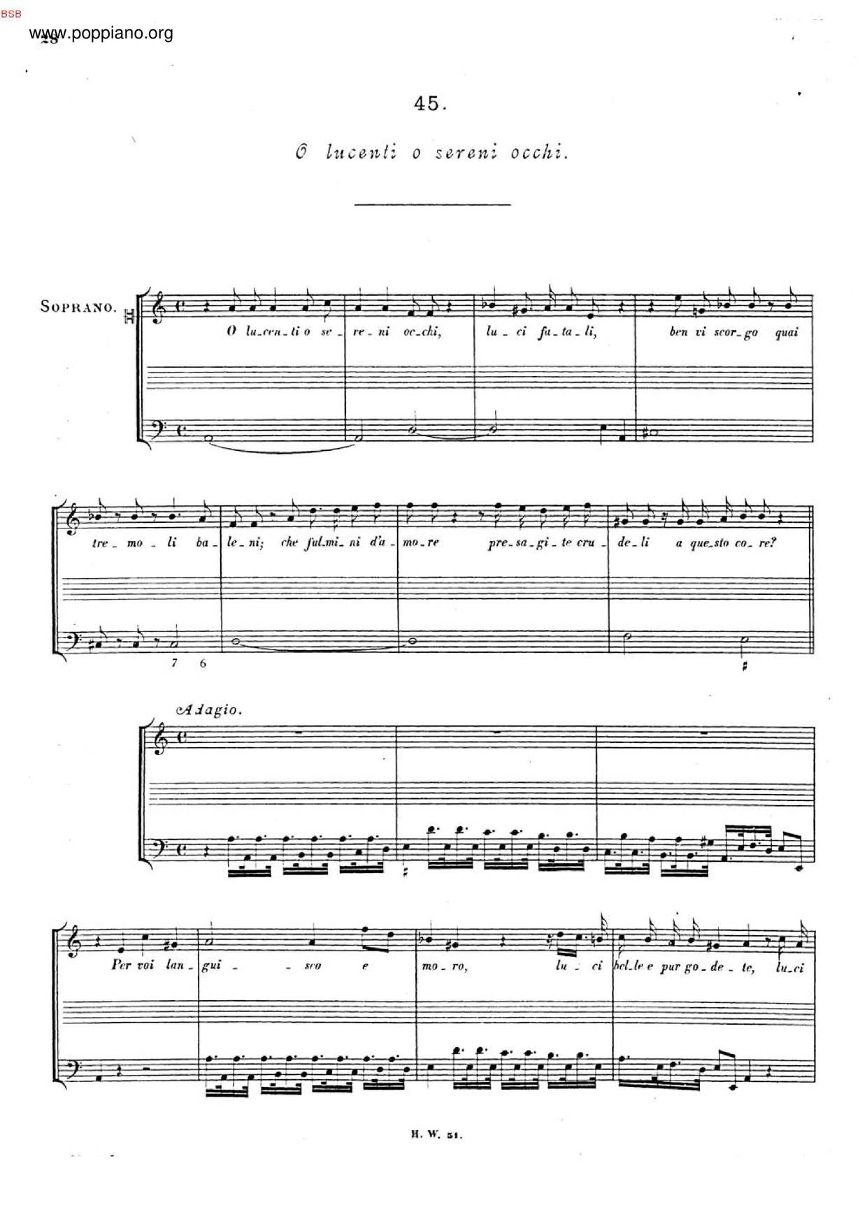 O Lucenti, O Sereni Occhi, HWV 144ピアノ譜