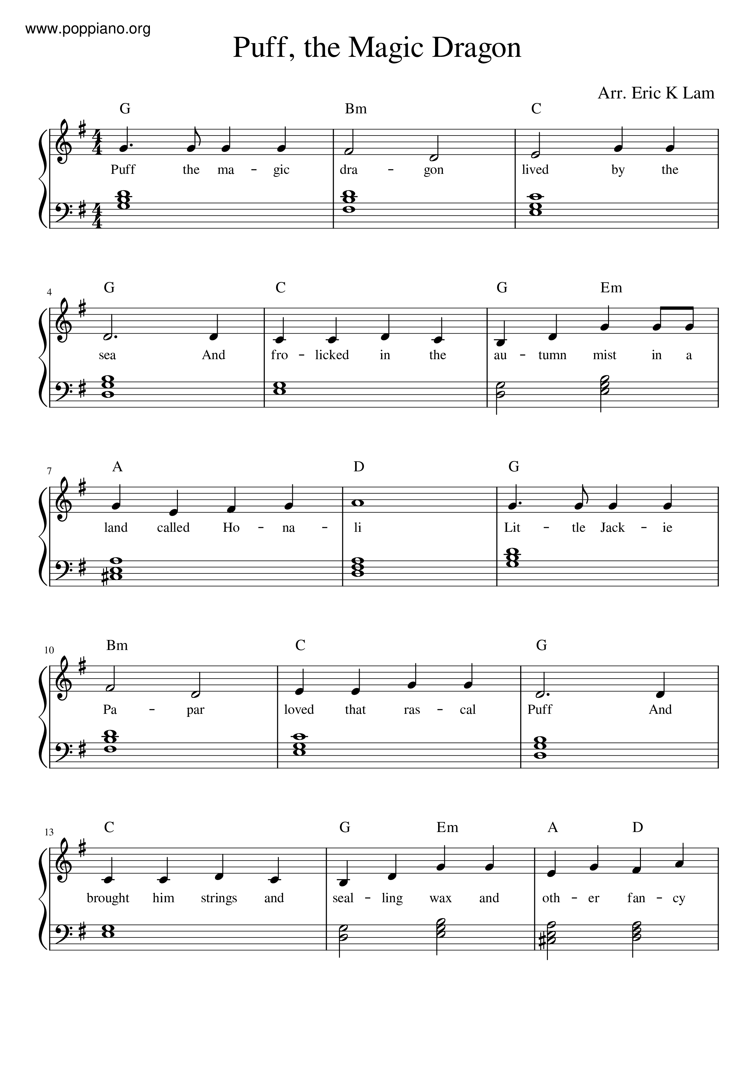 Puff The Magic Dragon sheet music for piano or keyboard (E-Z Play)