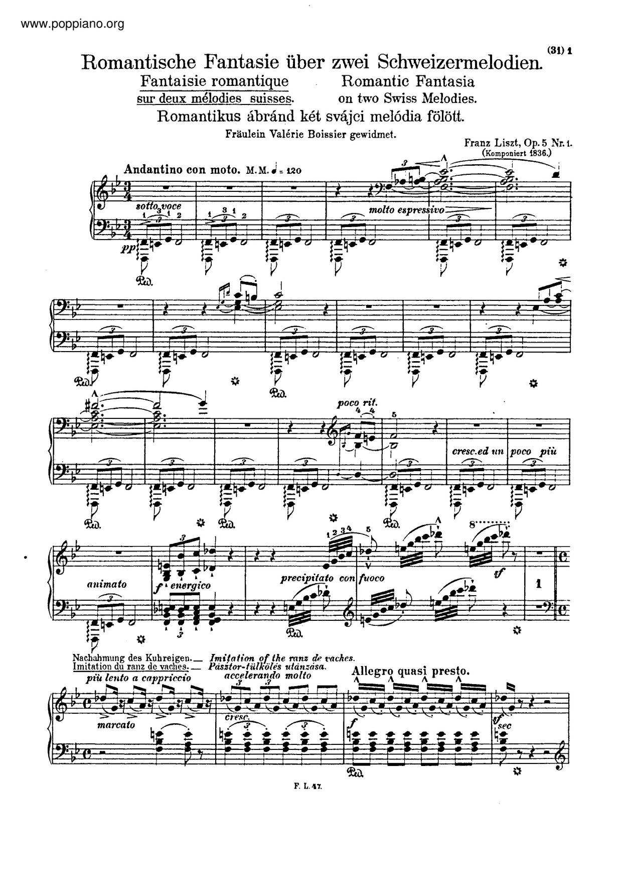Fantaisie Romantique Sur Deux Mélodies Suisses, S. 157琴譜