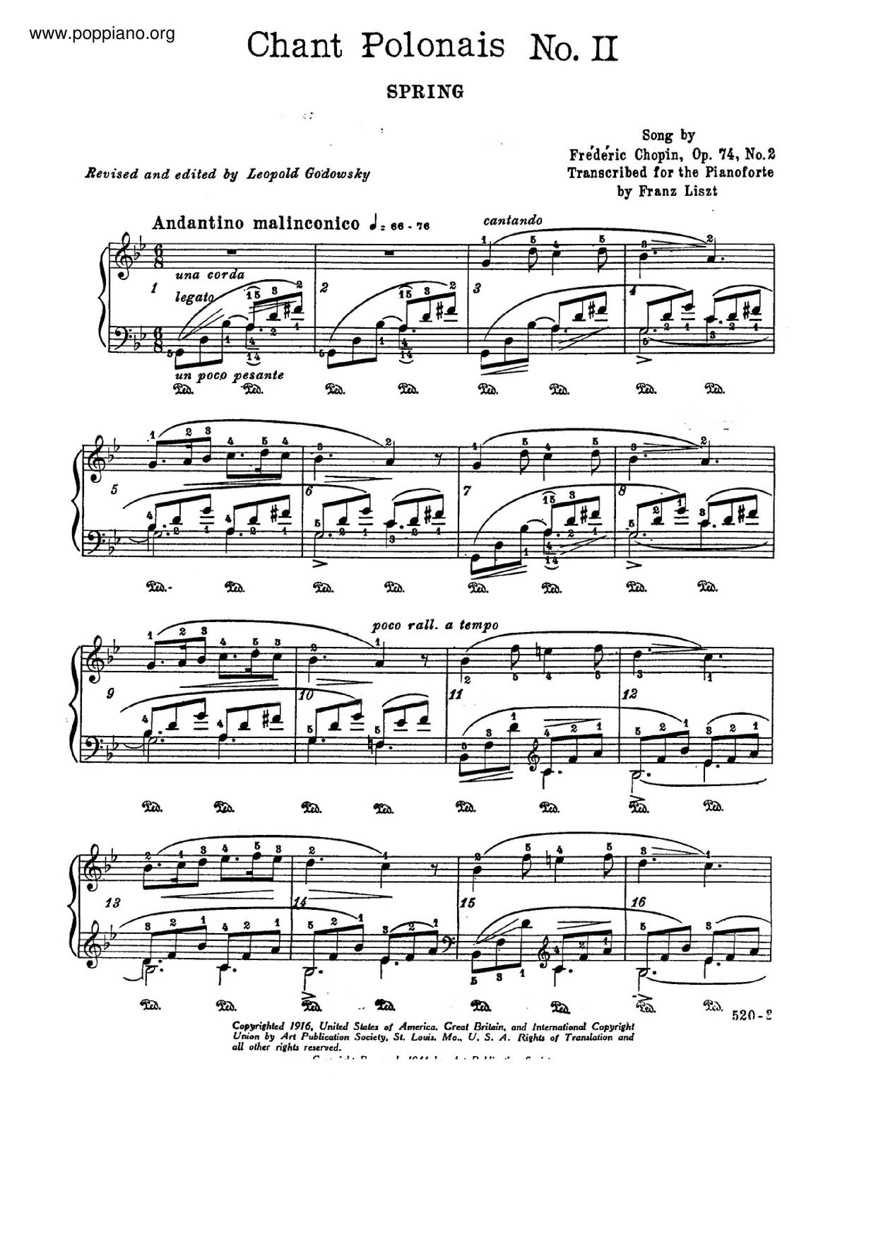 6 Chants polonais, S. 480: No. 2, Frühling (Wiosna, Spring) [After Chopin's Op. 74] Score
