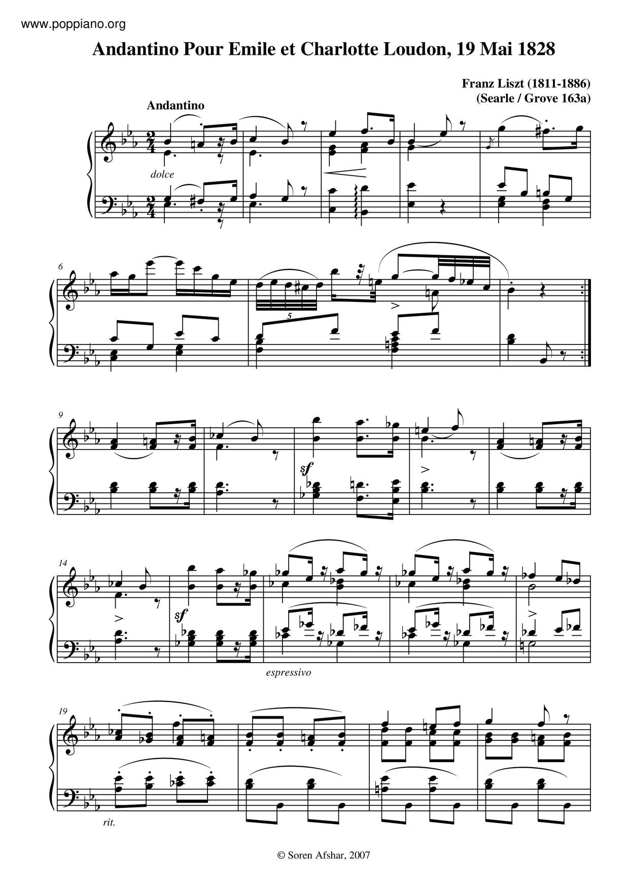 Andantino Pour Emile Et Charlotte Loudon, S.163A/2ピアノ譜