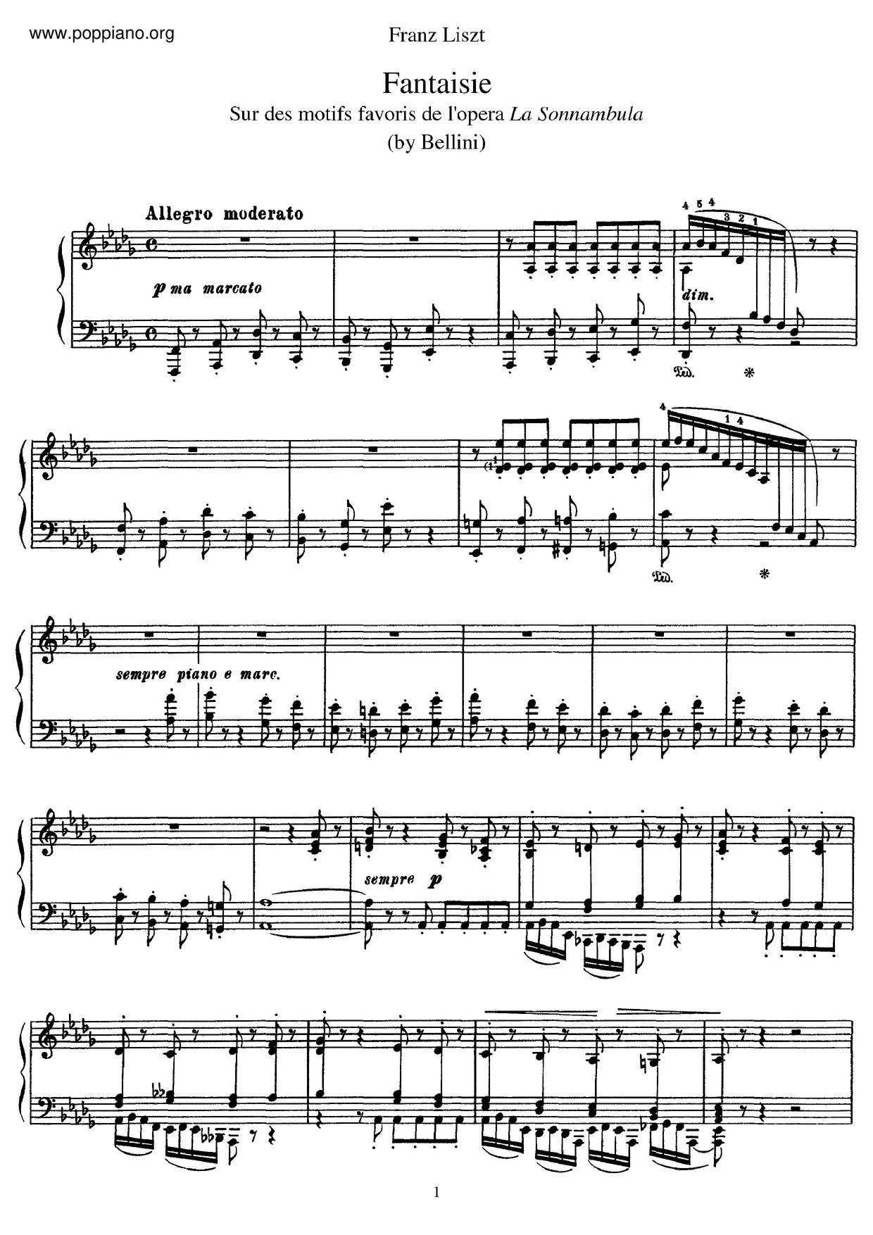 Fantaisie Sur Des Motifs De L'opéra La Sonnambula De Bellini, S.393琴譜