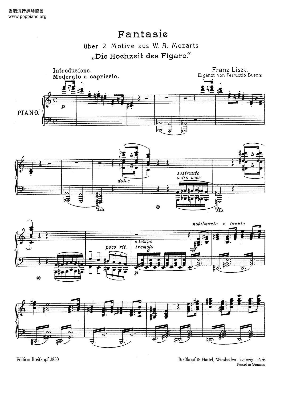 Fantasie Über Themen Aus Mozart's Figaro Und Don Giovanni, S.697 Score