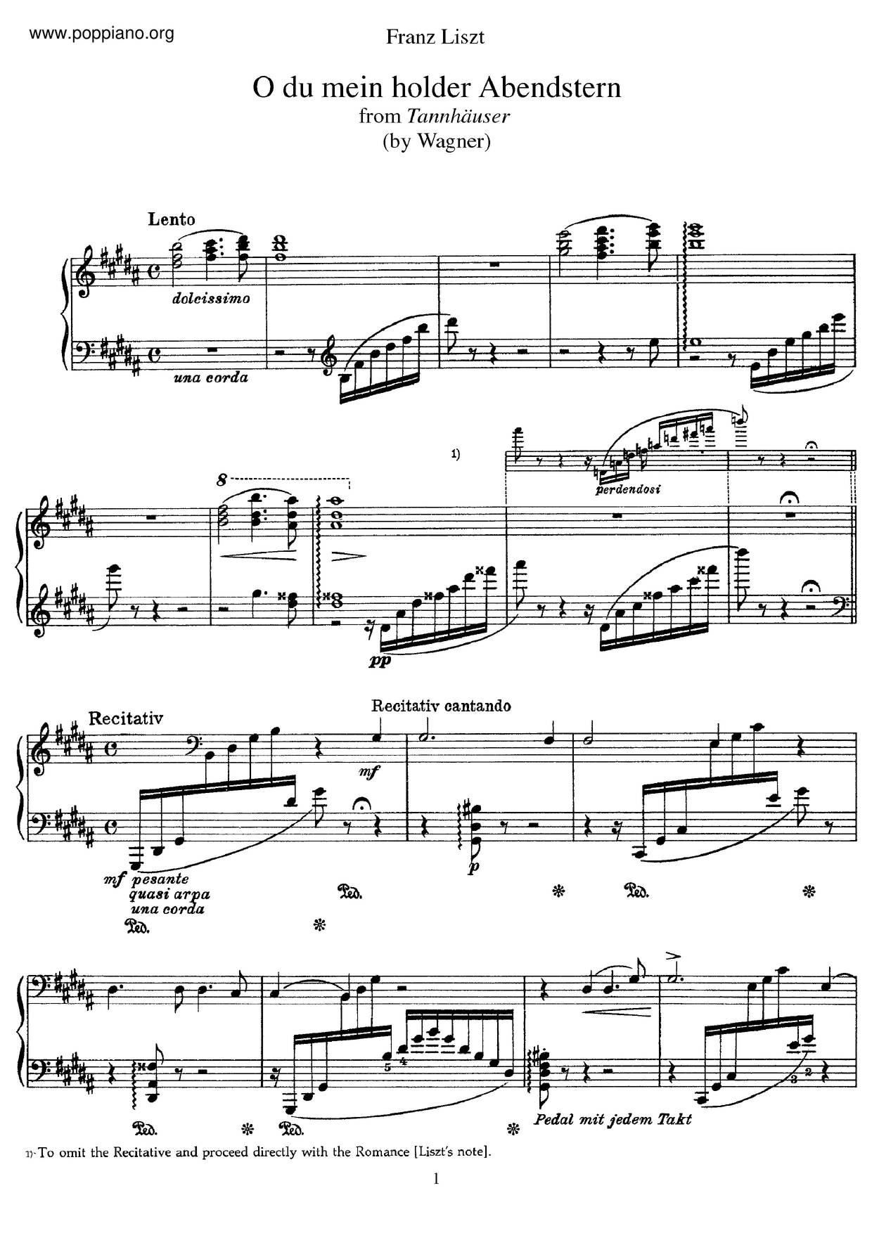 O Du Mein Holder Abendstern Aus Wagner's Tannhäuser, S.444ピアノ譜