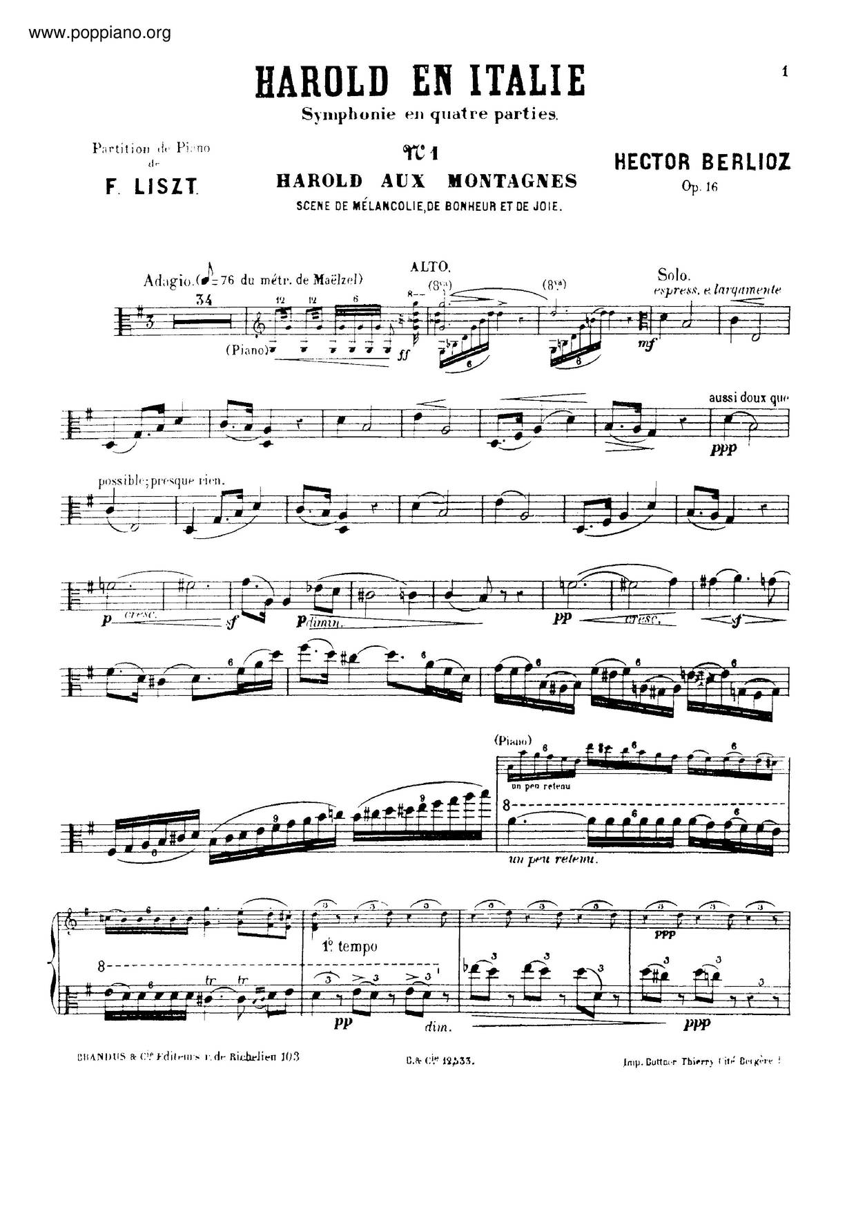 Harold En Italie By Berlioz, S.472琴譜