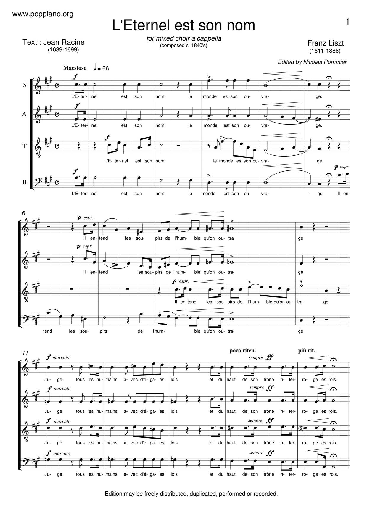 5 Choruses With French Texts, S.18 Score