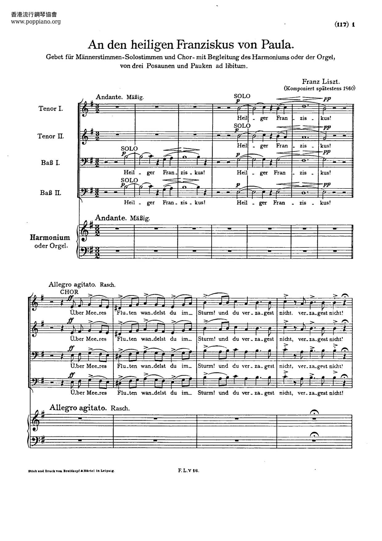 An Den Heiligen Franziskus Von Paula, S.28 Score