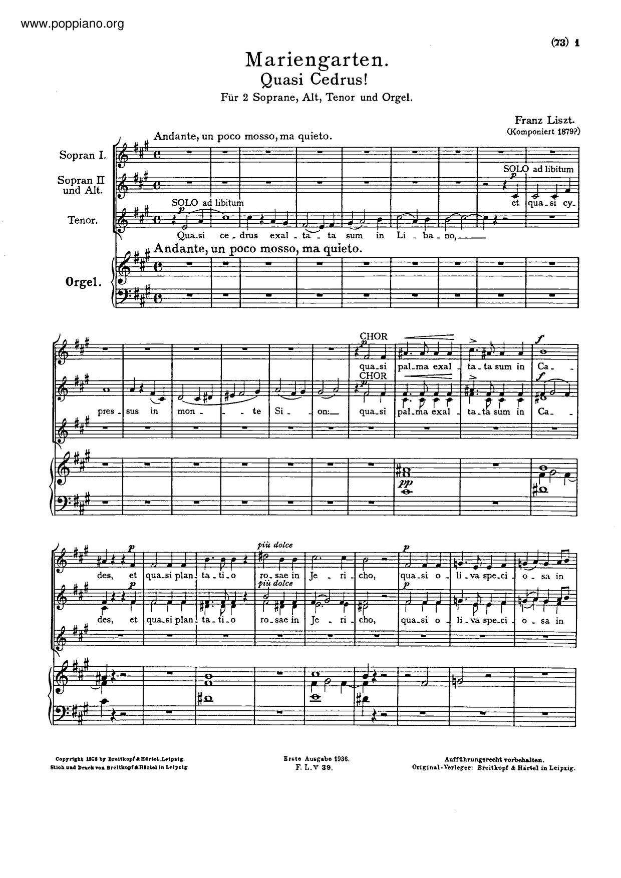 Mariengarten, Quasi Cedrus, S.62ピアノ譜