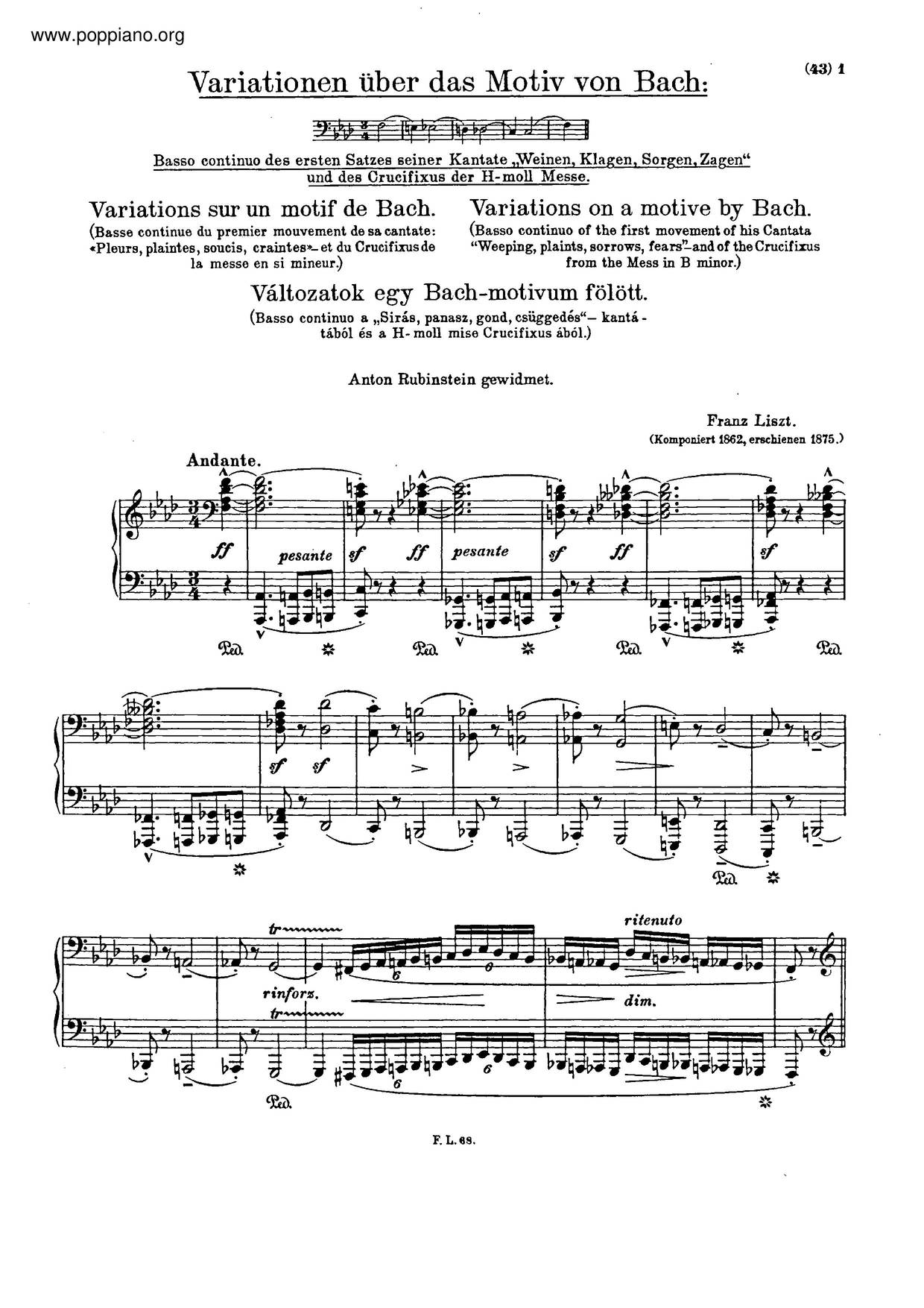 Variationen Über Das Motiv Von Bach, S.180 Score