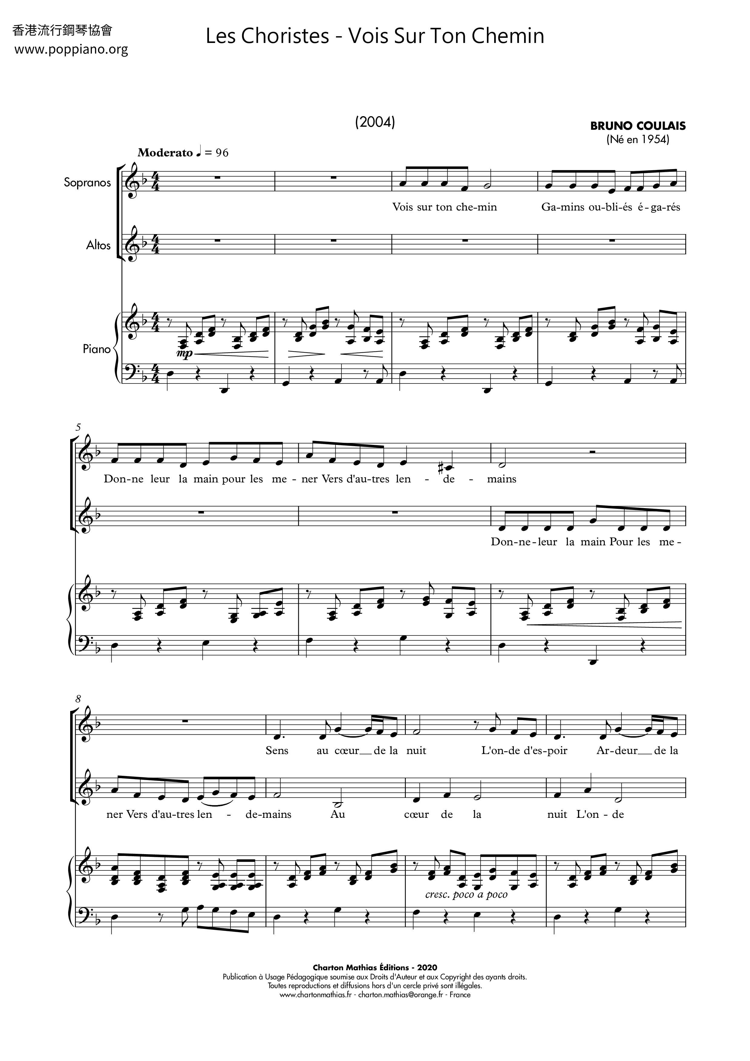 Les Choristes - Vois sur ton chemin (Piano facile) 