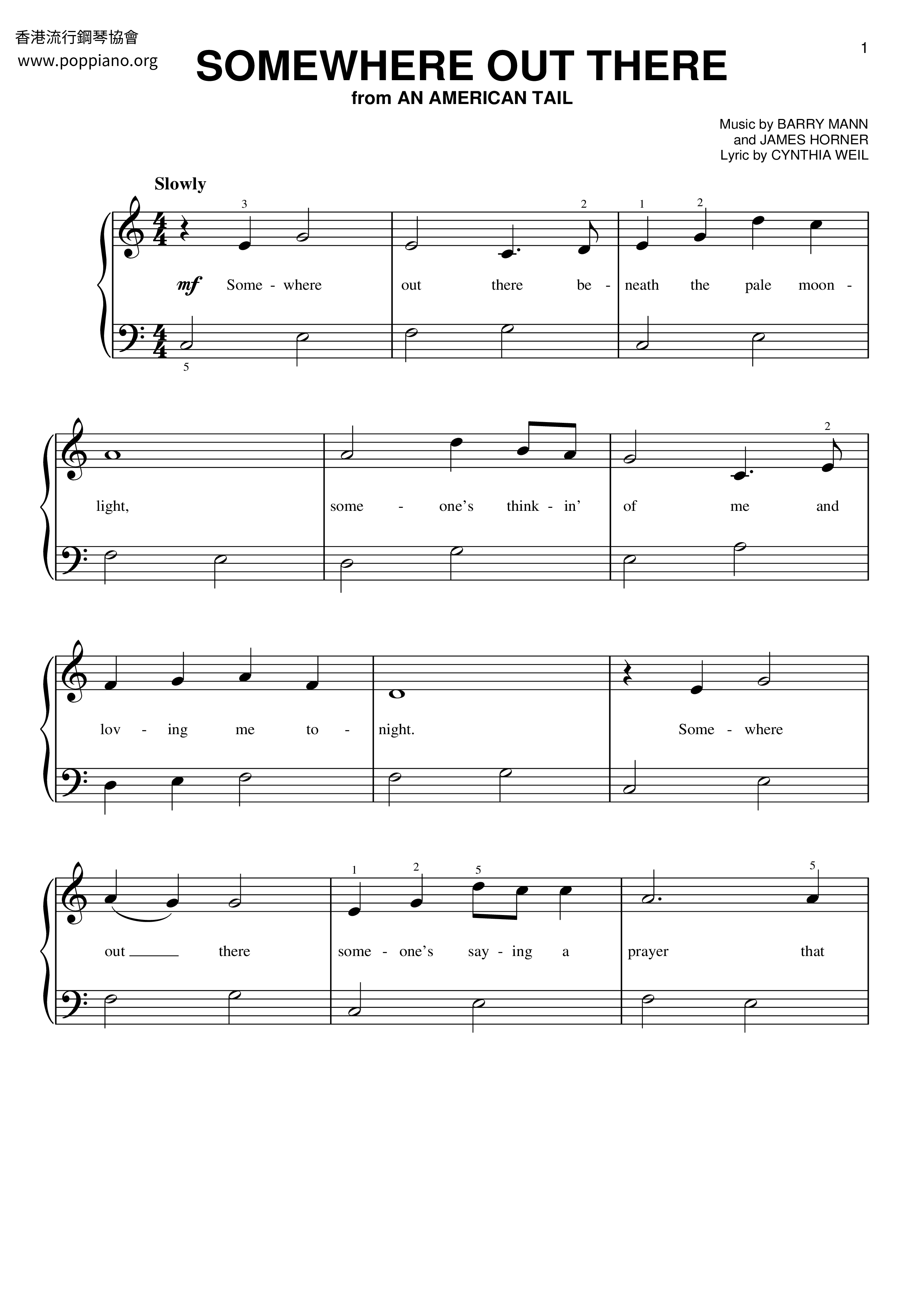 Somewhere Out There - From An American Tail Score