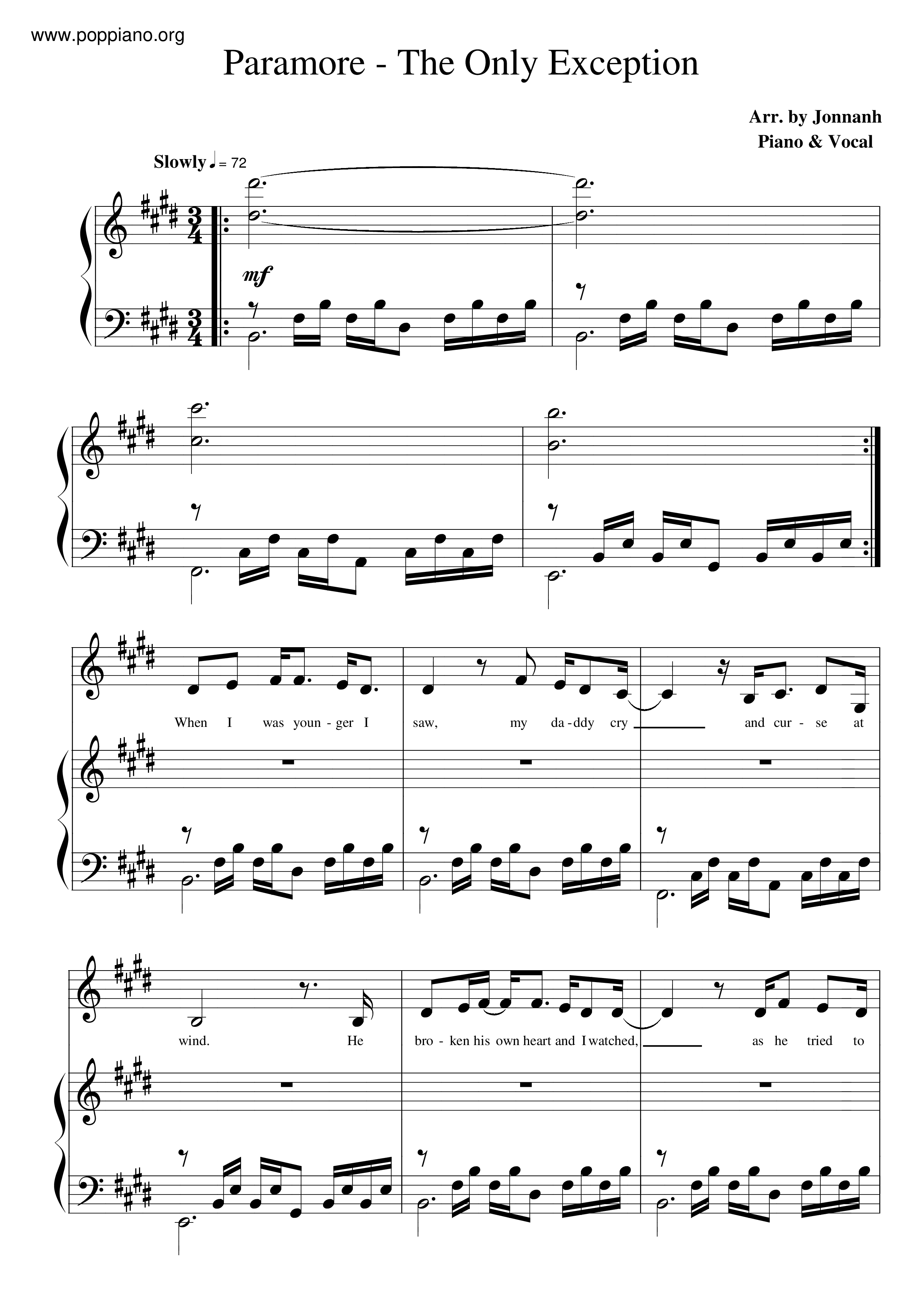 ☆ Paramore-The Only Exception Sheet Music pdf, - Free Score