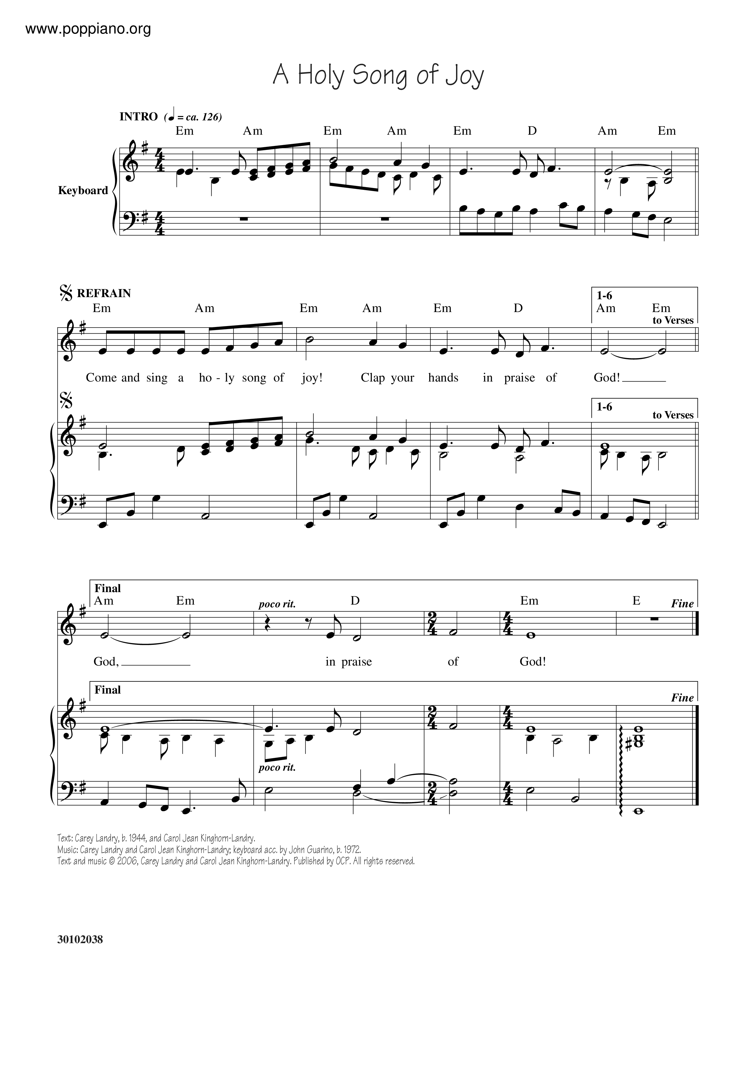 A Holy Song Of Joy Score