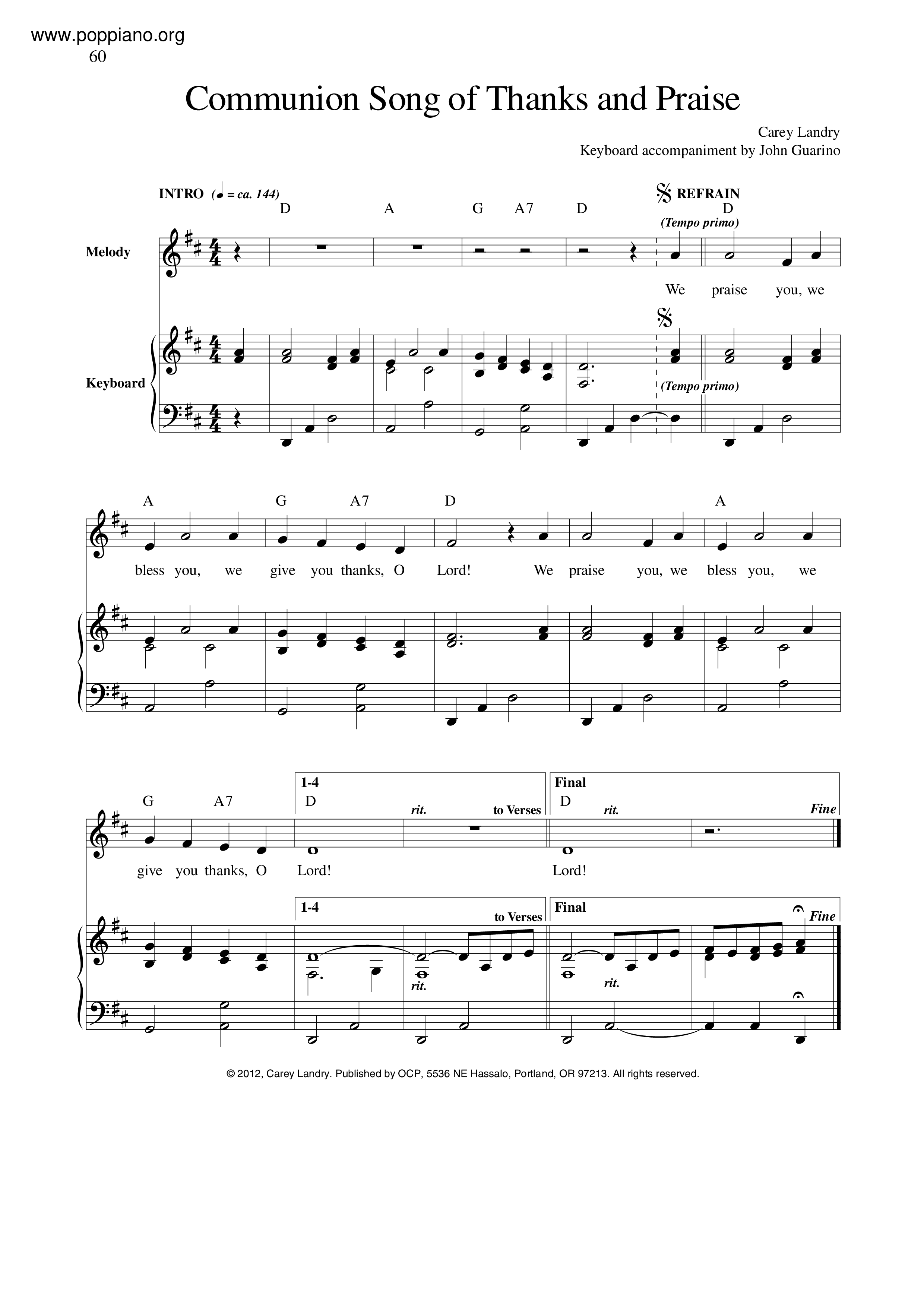 Communion Song Of Thanks And Praise Score
