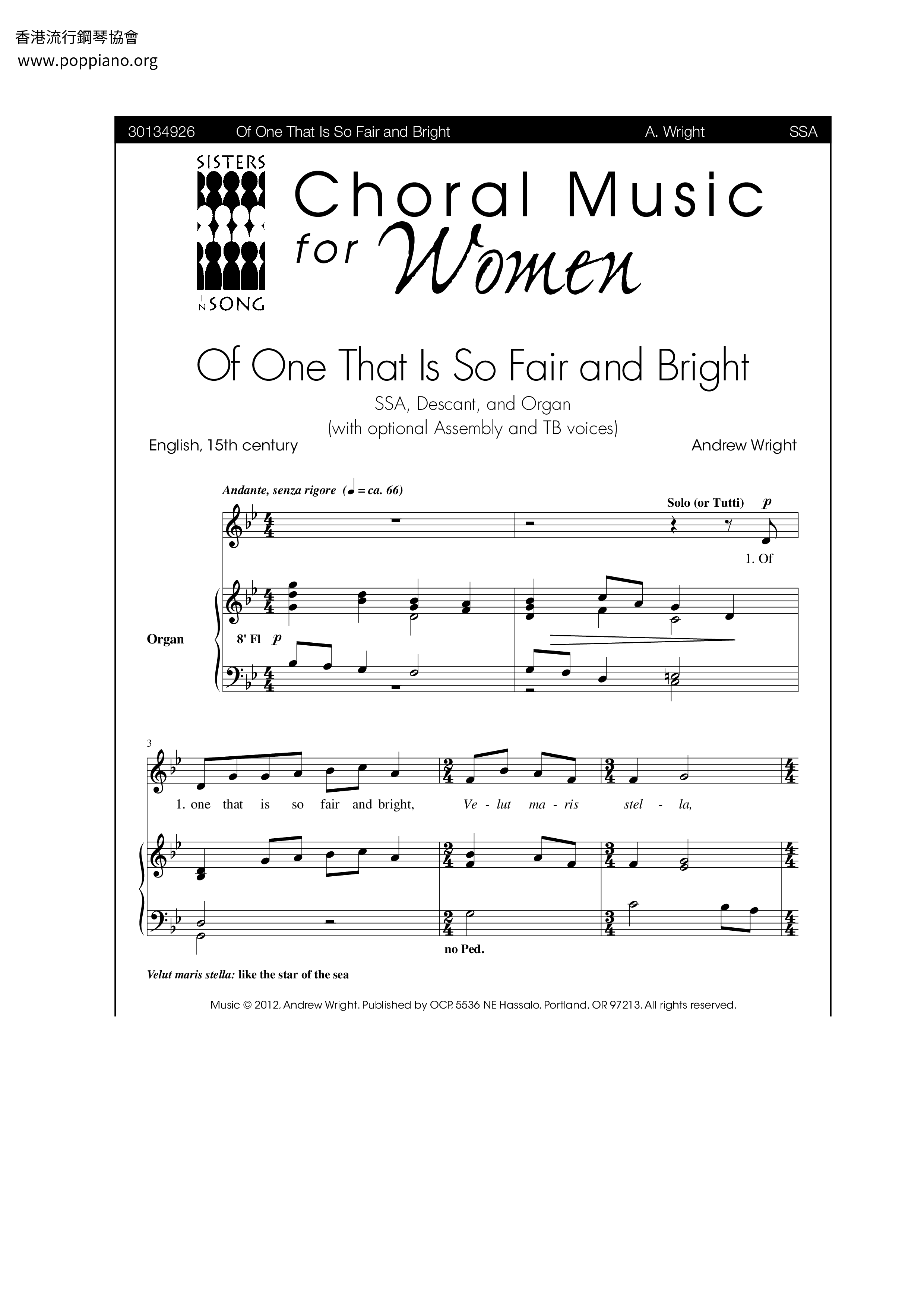Of One That Is So Fair And Bright Score