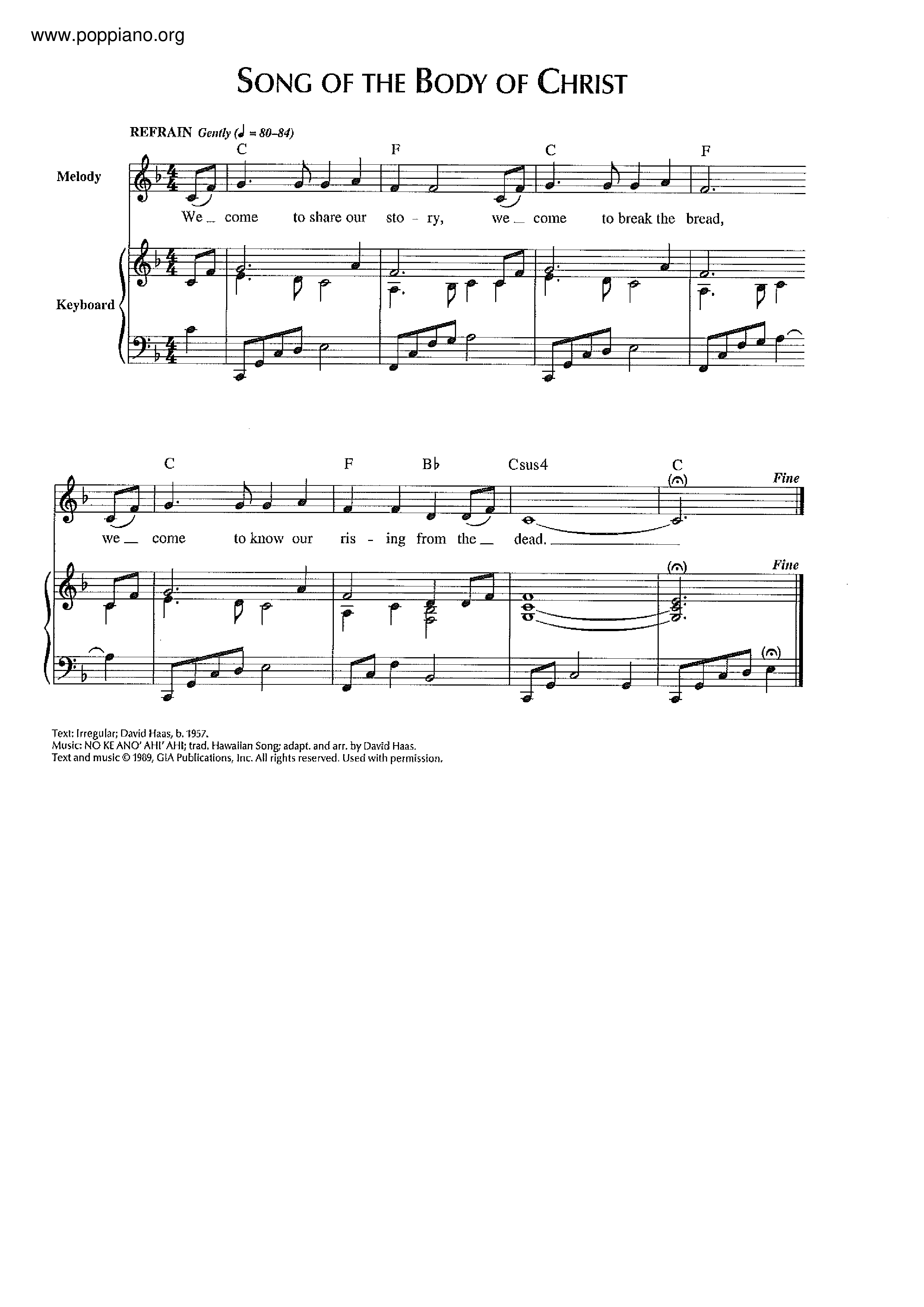Song Of The Body Of Christ Score