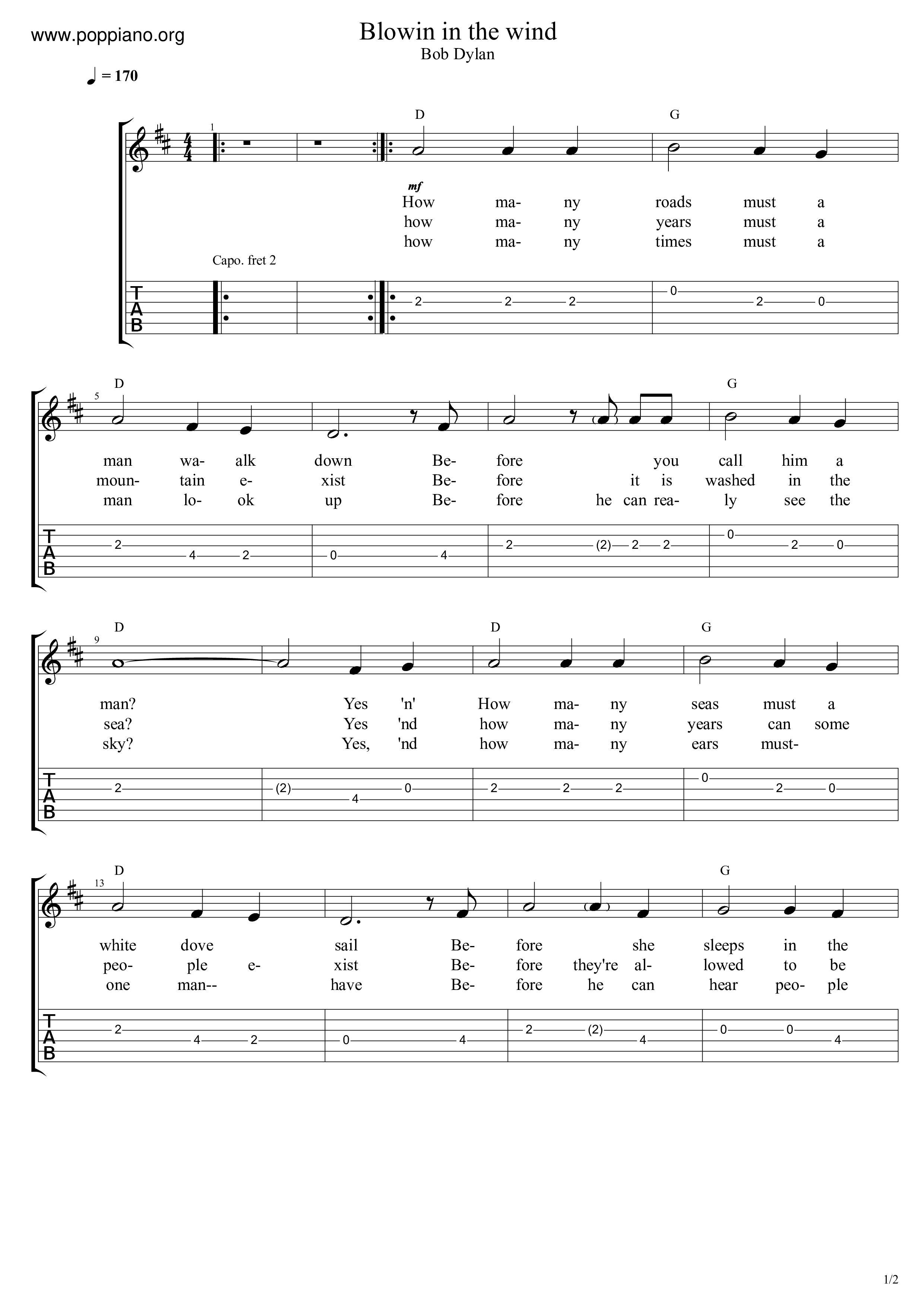 Bob Dylan Blowin In The Wind Guitar Sheet pdf Free Score