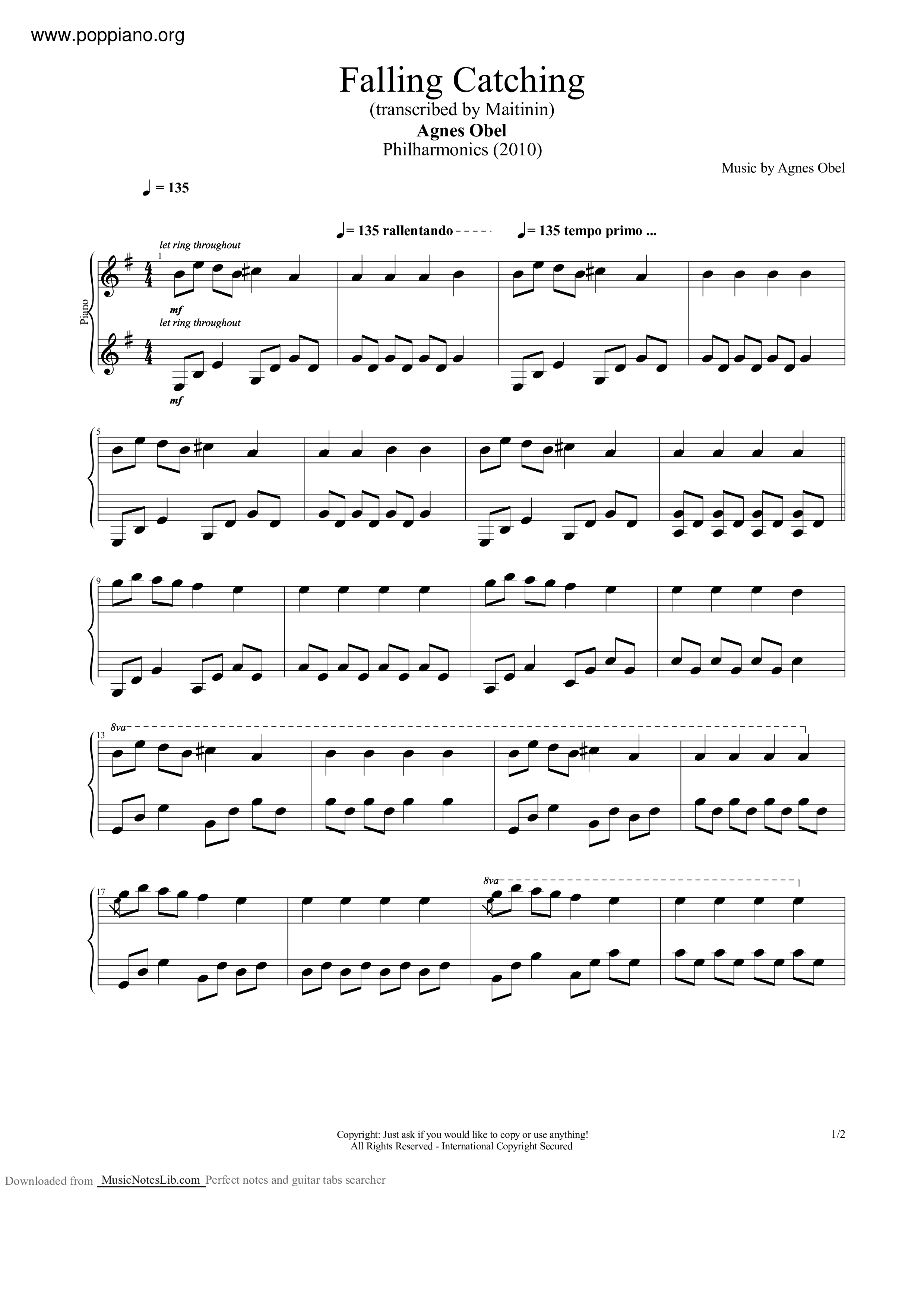 Falling, Catching琴谱