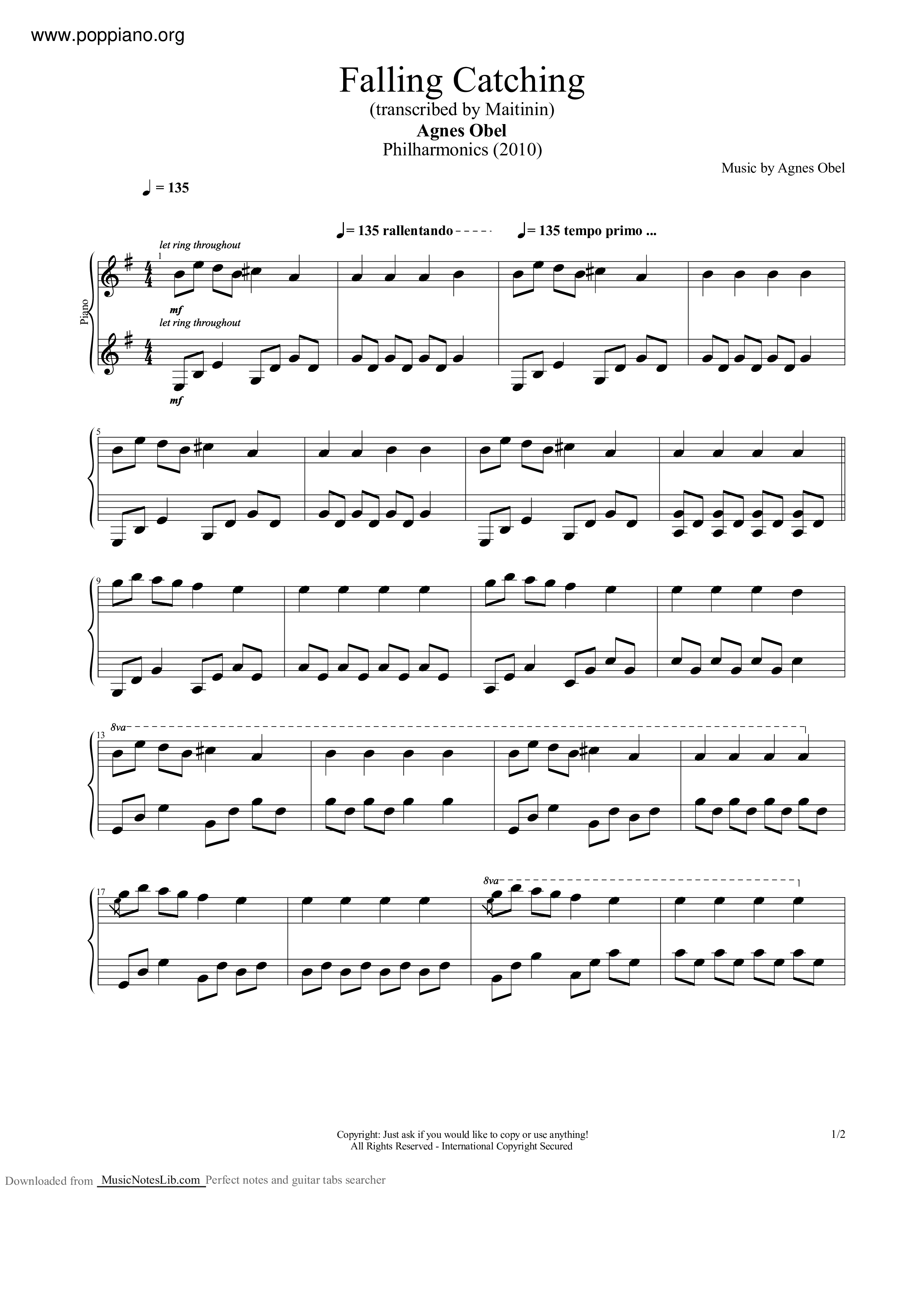 Falling, Catching琴譜