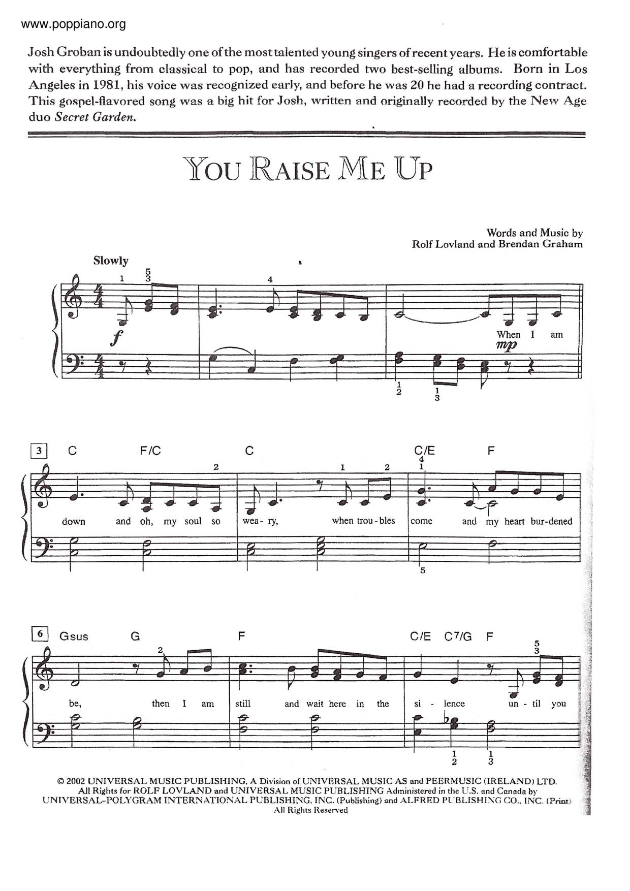 You Raise Me Up琴譜