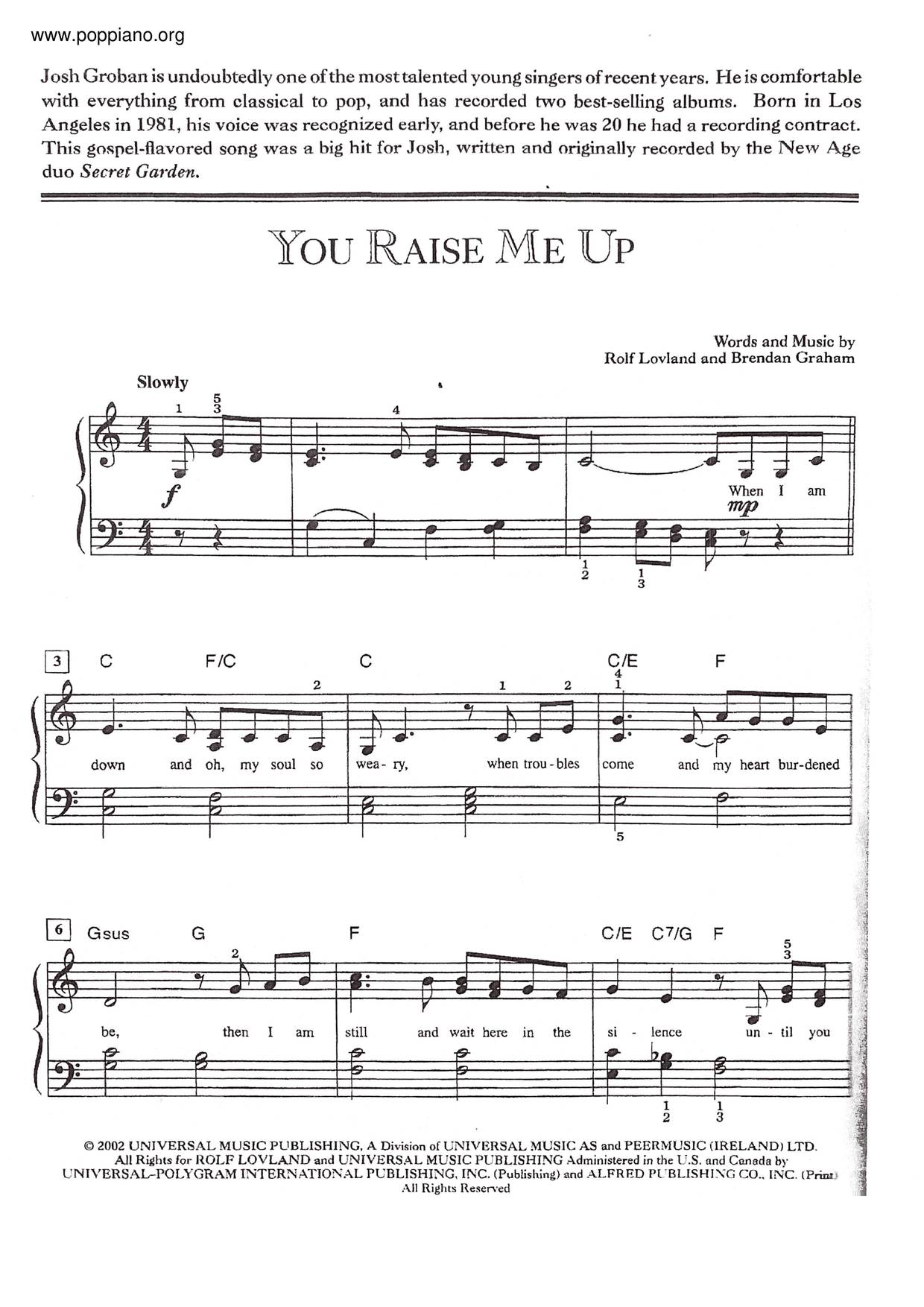 You Raise Me Up琴譜