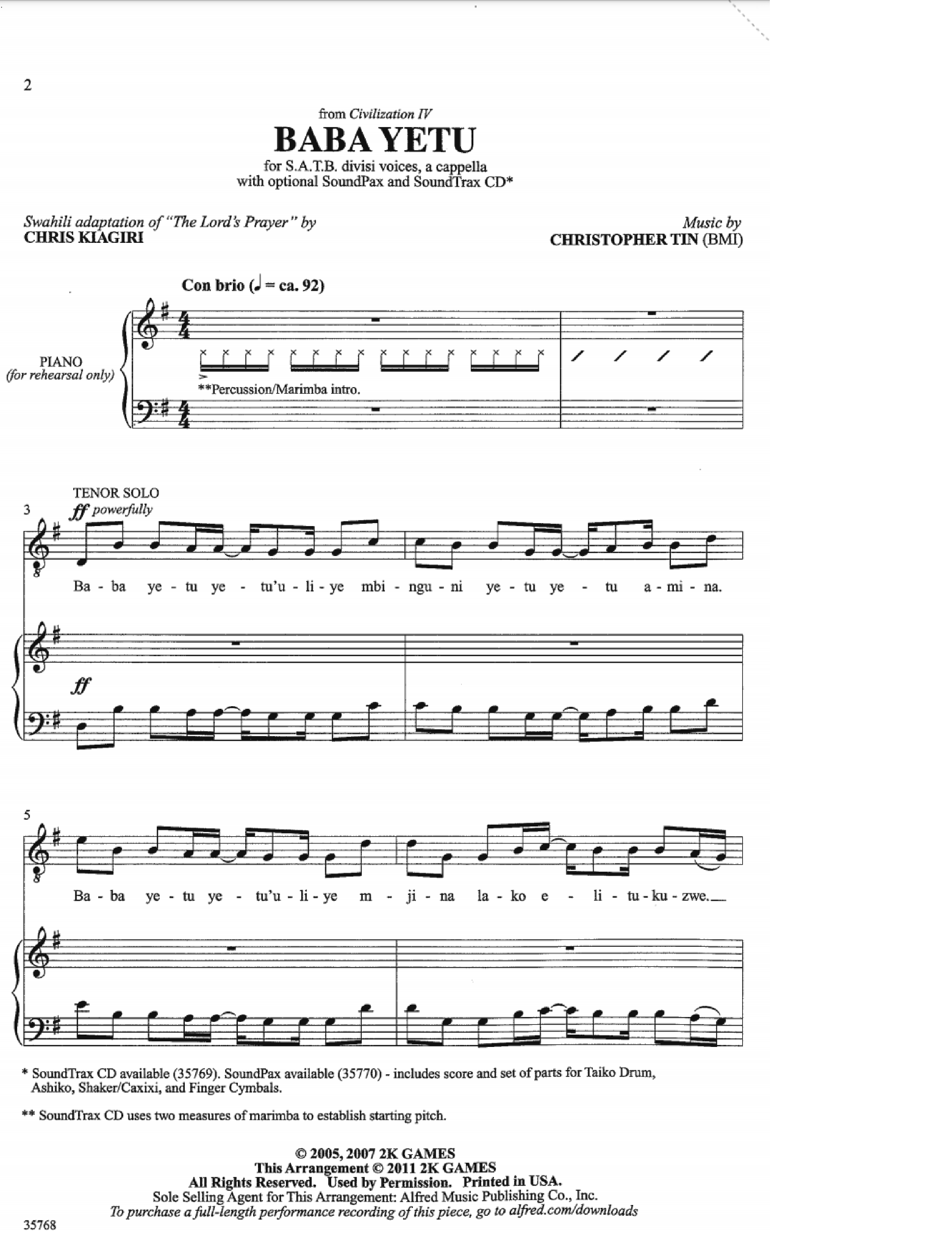 Baba Yetu Score