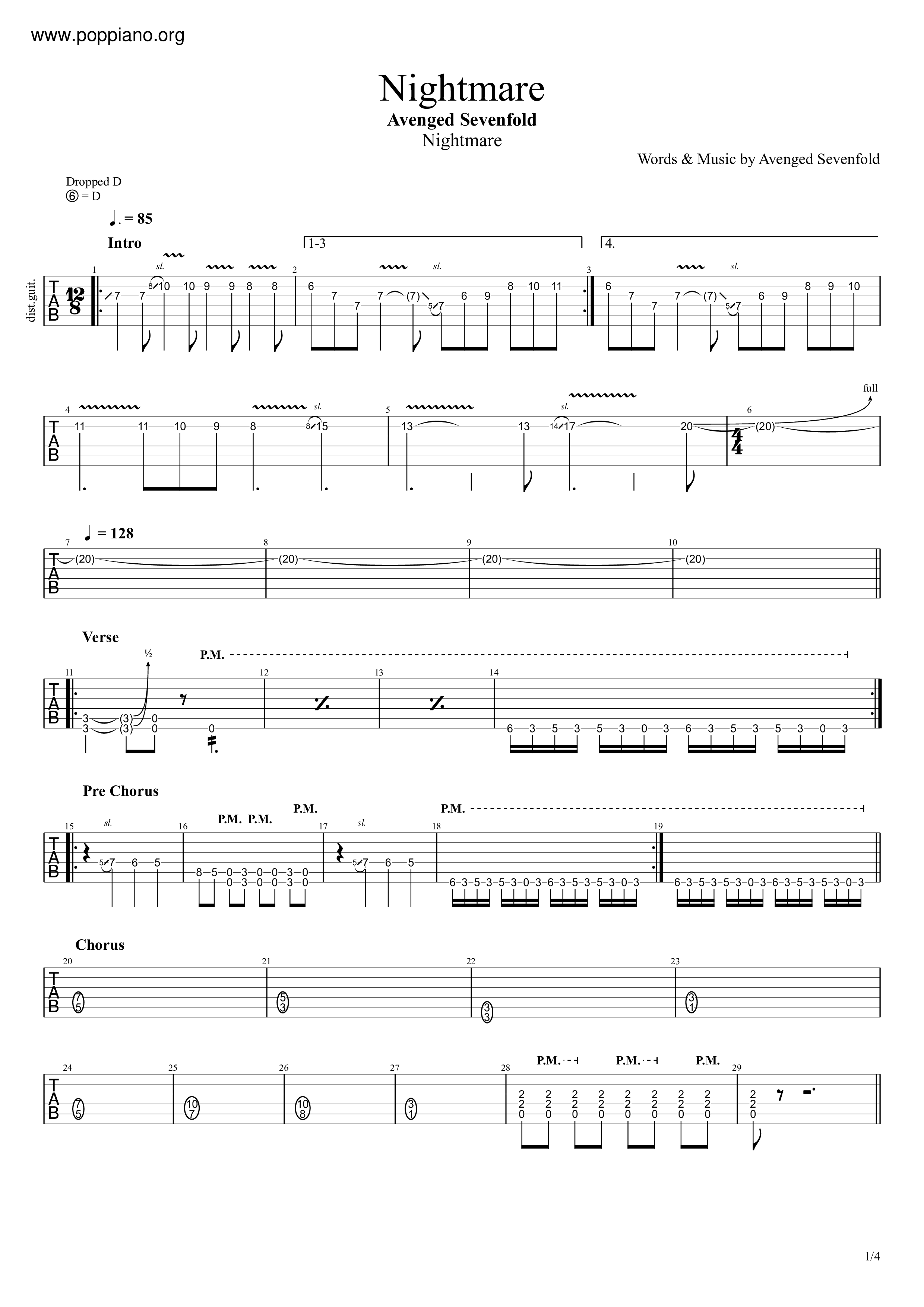 Avenged Sevenfold Afterlife Guitar Tab in D Minor - Download & Print -  SKU: MN0070817