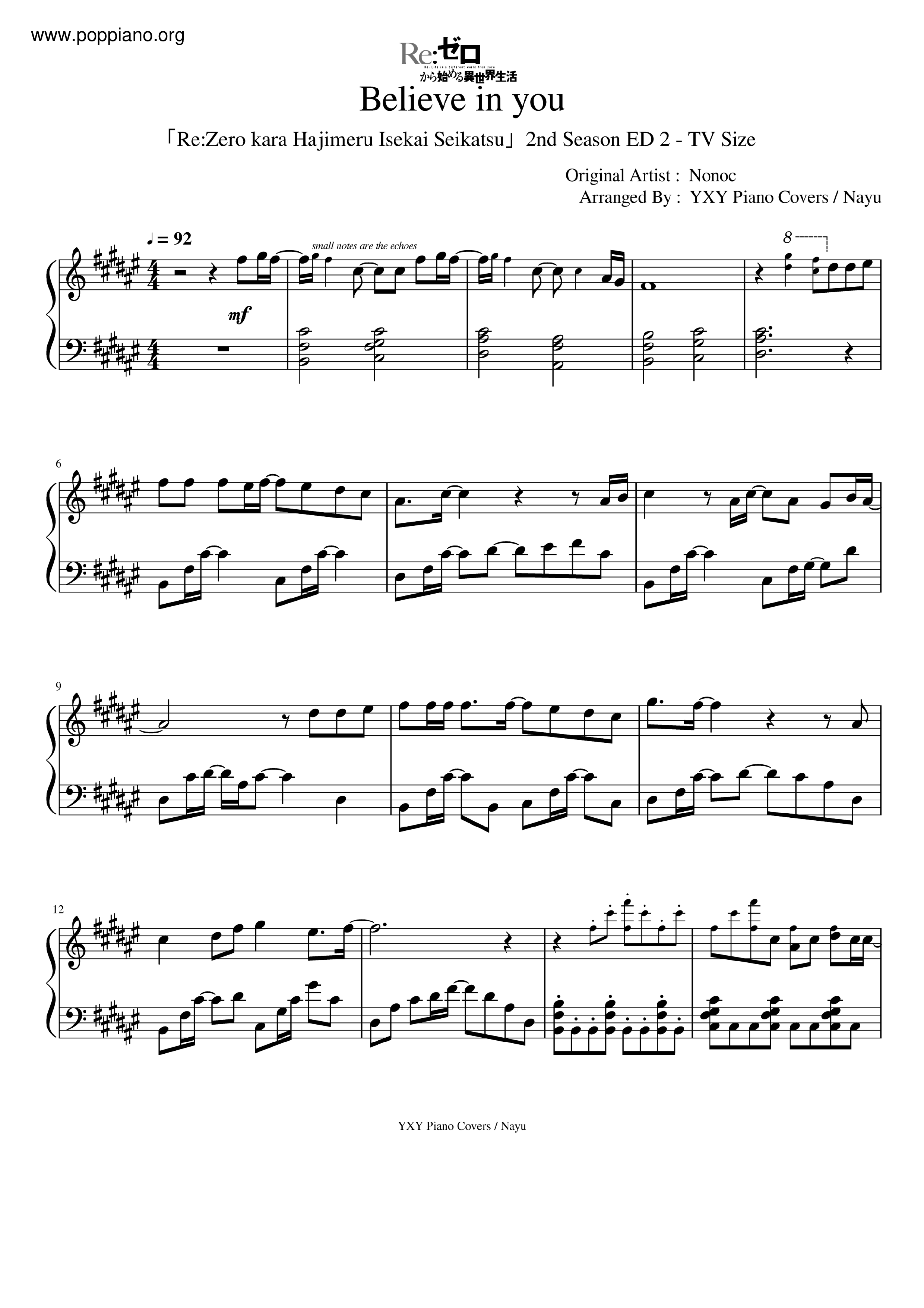 Re:Zero Season 2 ED2 - Believe In You Score