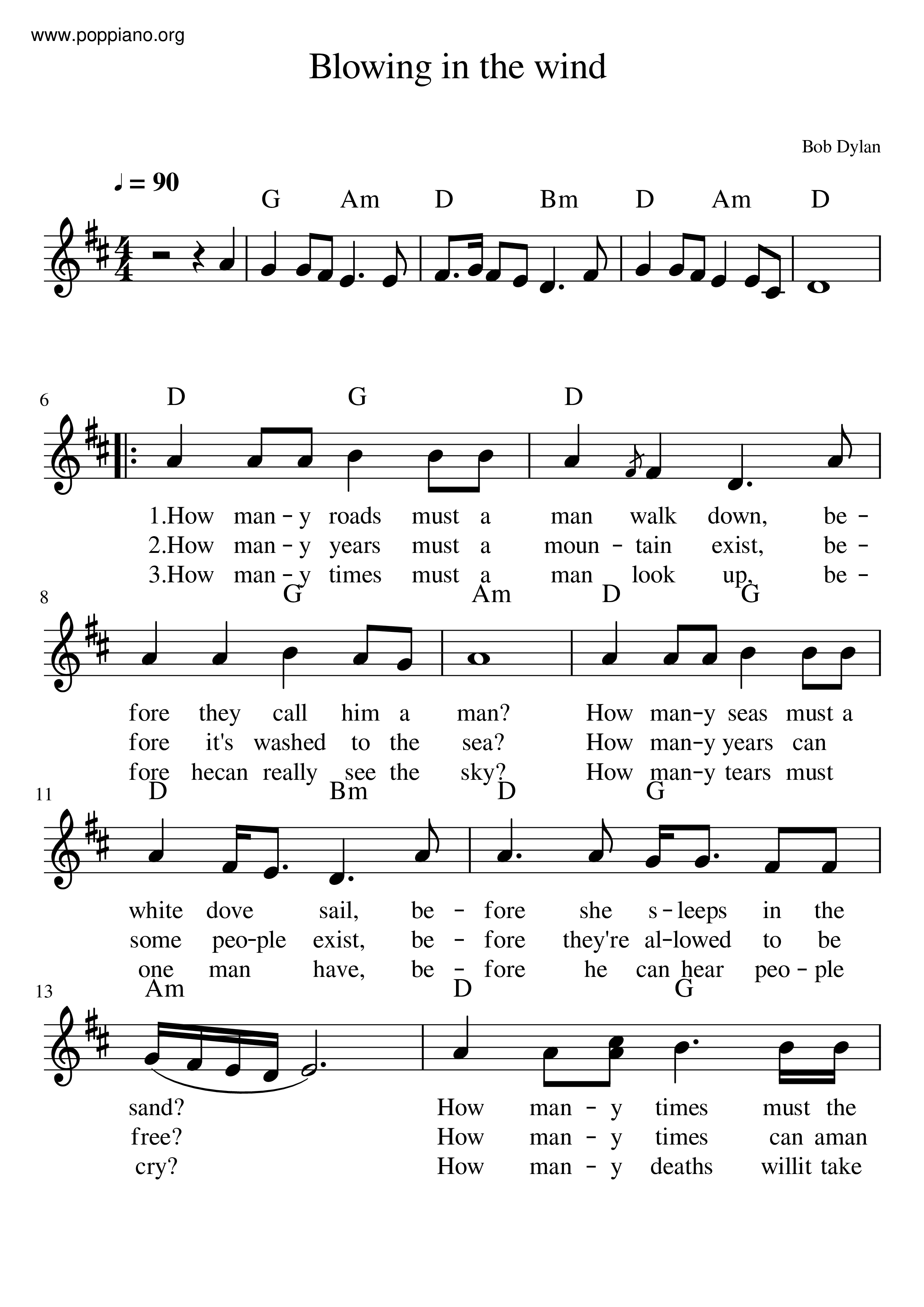 Blowin' In The Wind Score