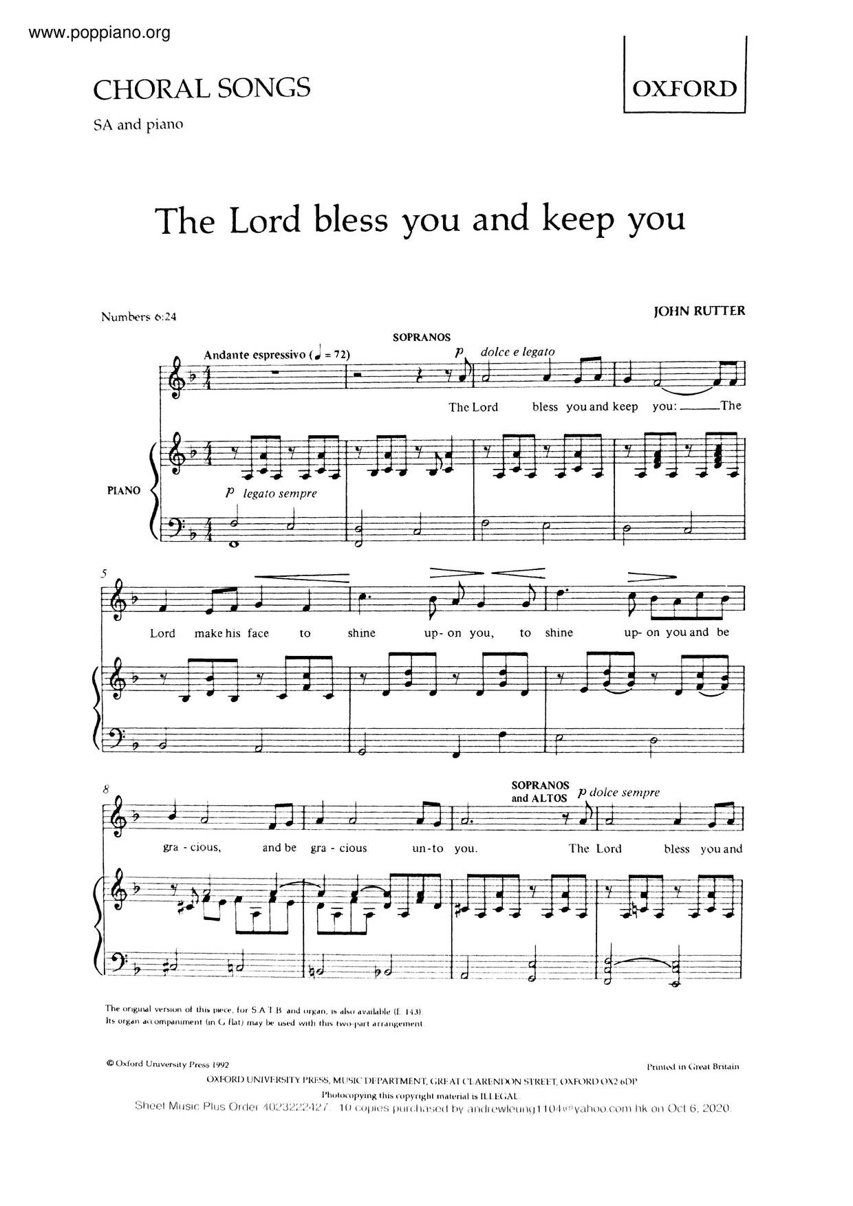 The Lord Bless You And Keep You Score