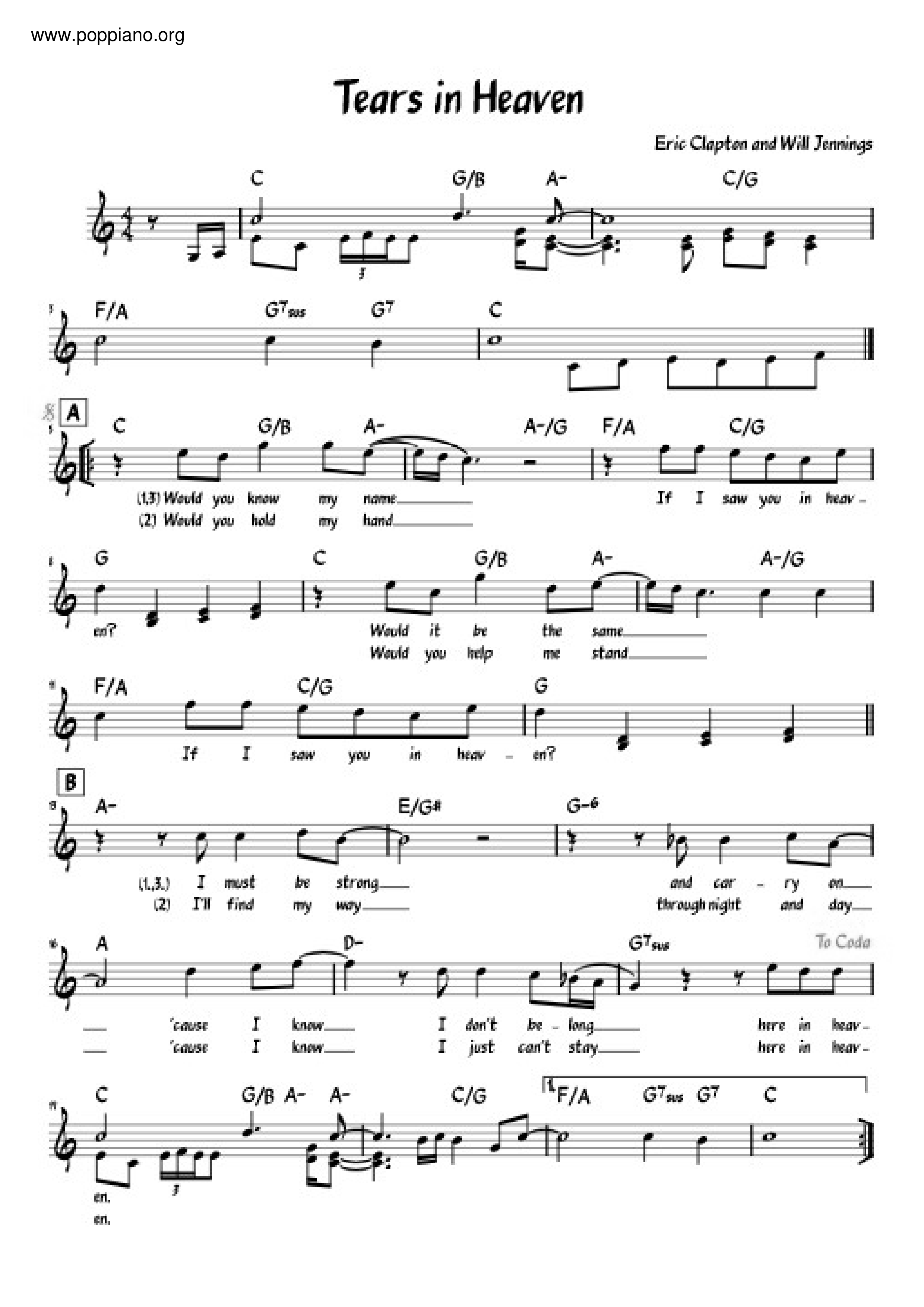 Tears in Heaven Sheet music for Piano (Solo) Easy