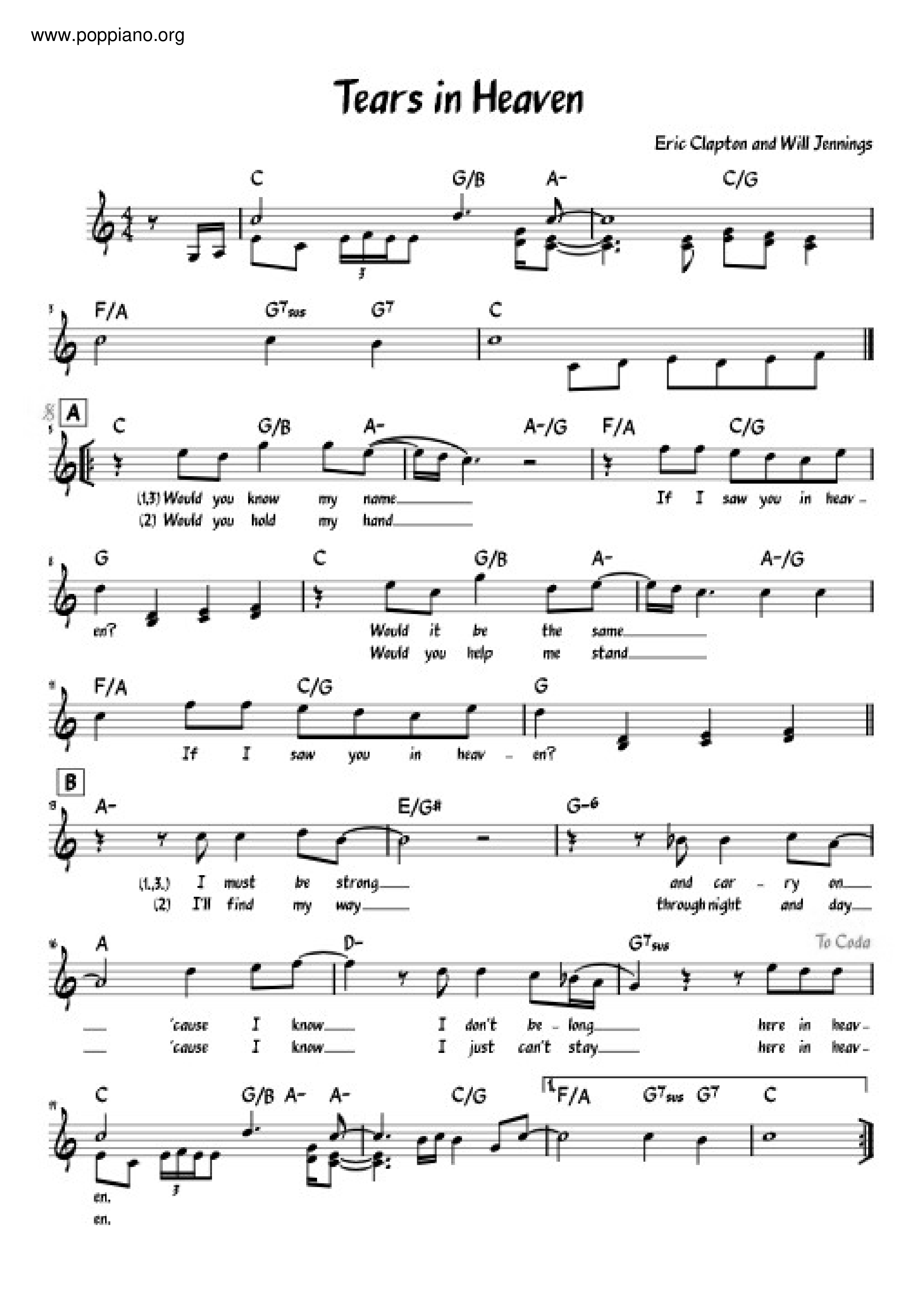 Tears in Heaven (Lead sheet with lyrics ) Sheet music for Piano (Solo) Easy