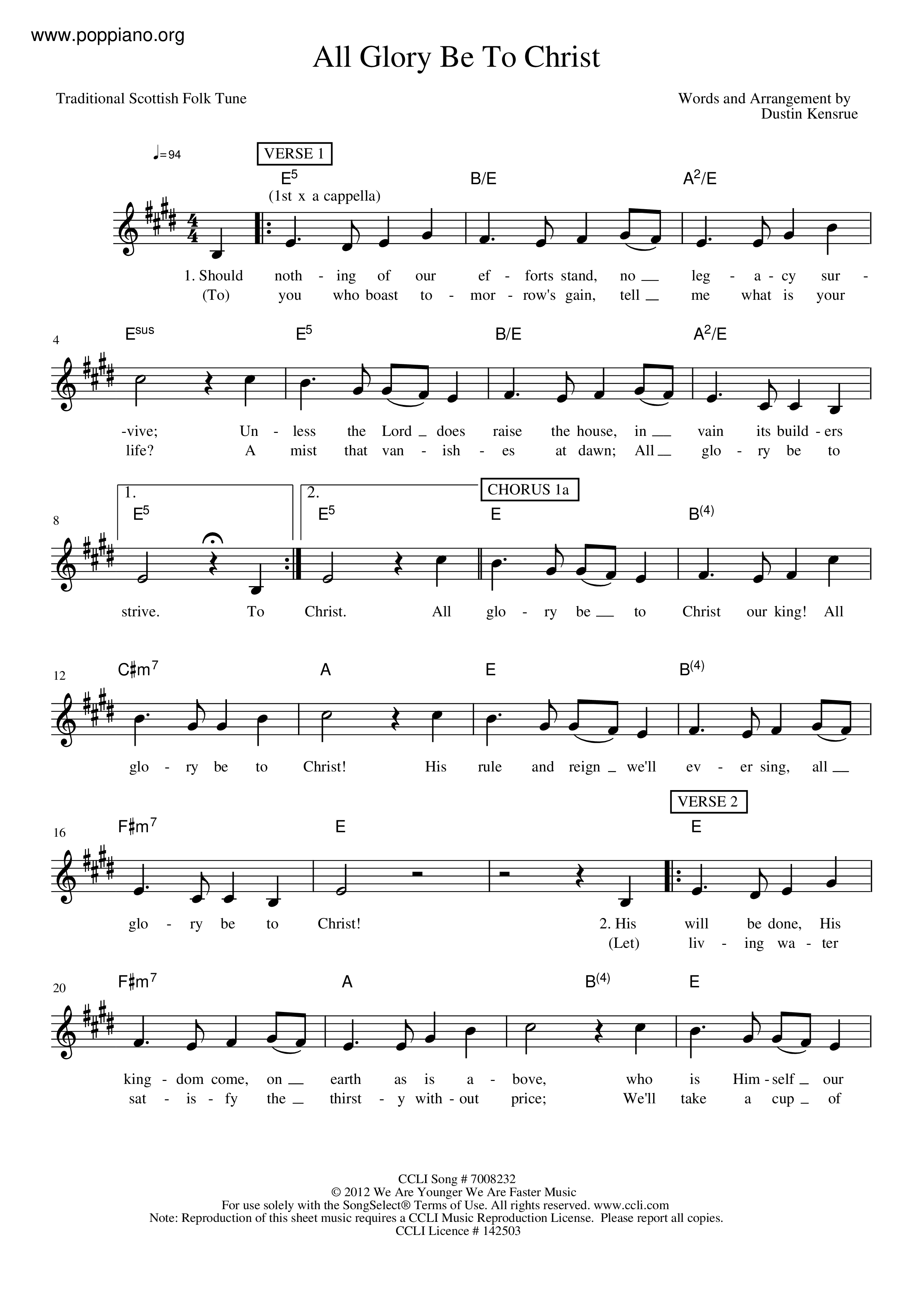 All Glory Be To Christ Score
