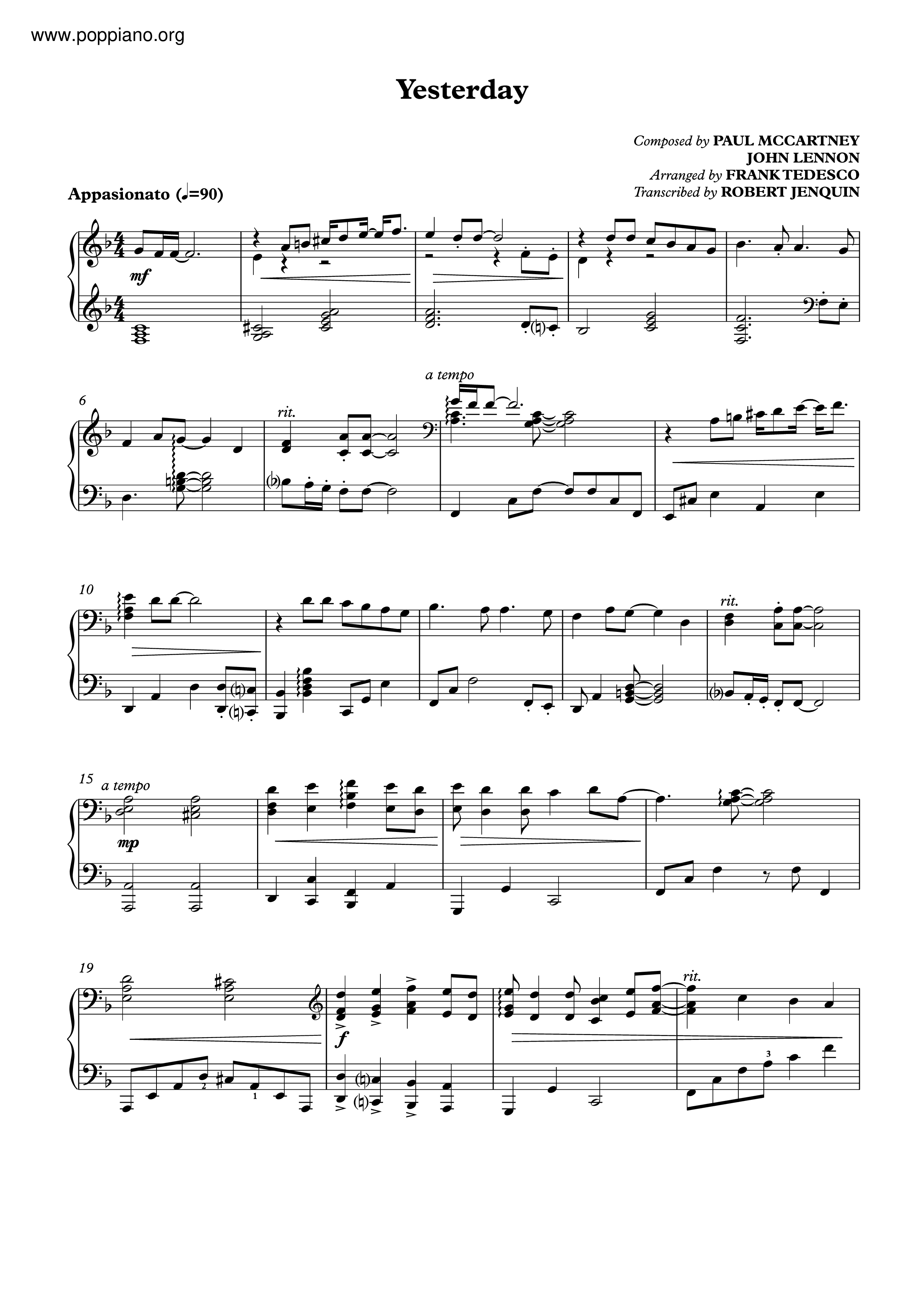 ☆The Beatles - Yesterday ピアノ譜pdf- 香港ポップピアノ協会