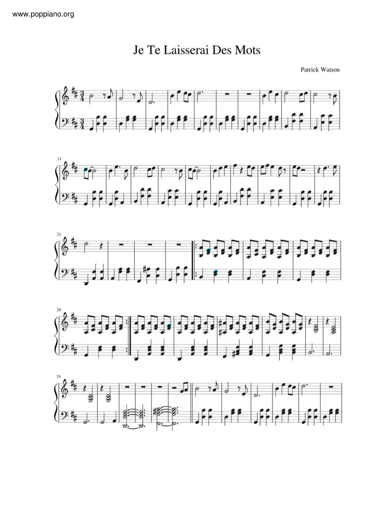 Je Te Laisserai Des Mots Score