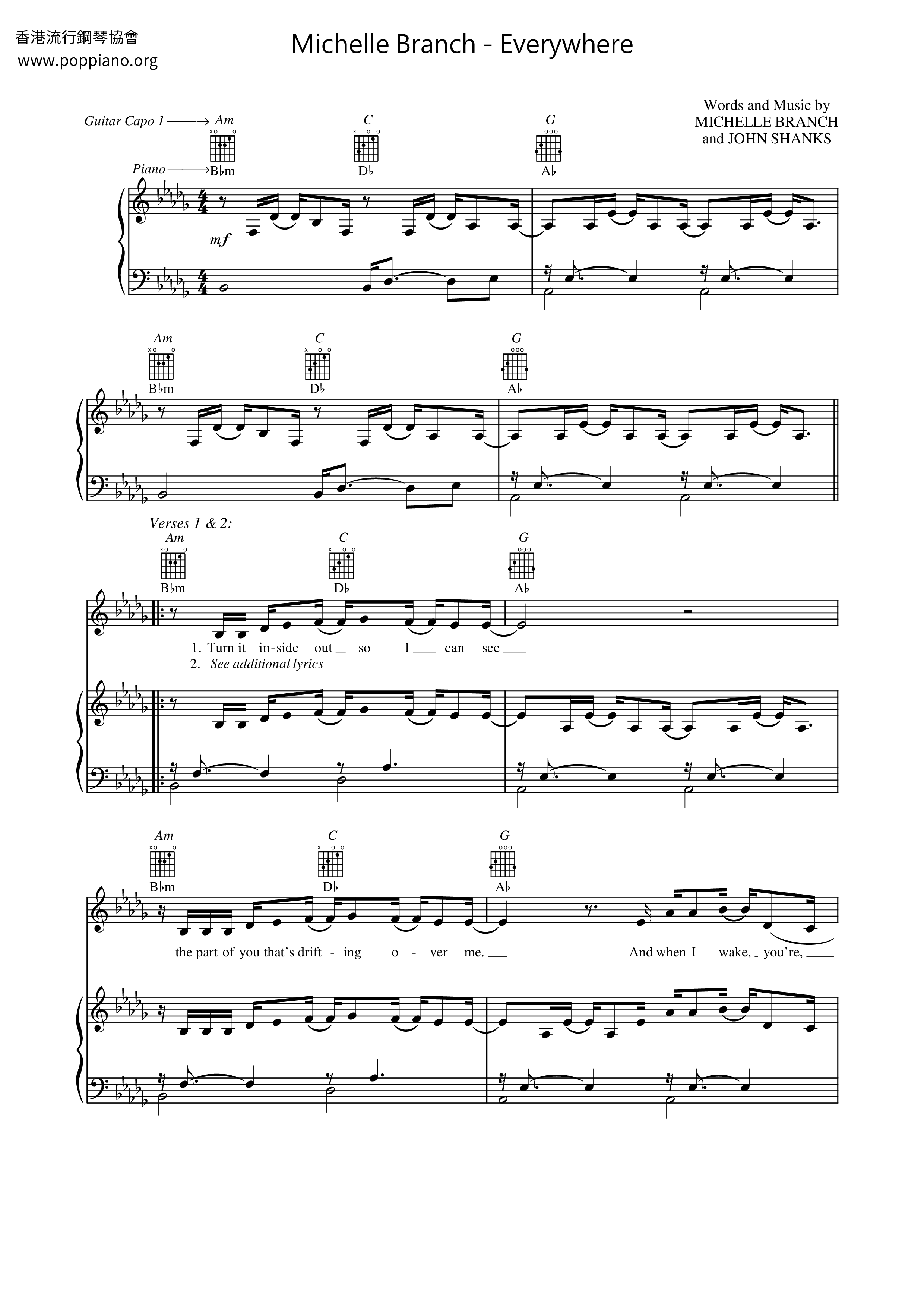 Michelle Branch Everywhere Sheet Music in Db Major (transposable) -  Download & Print - SKU: MN0204182