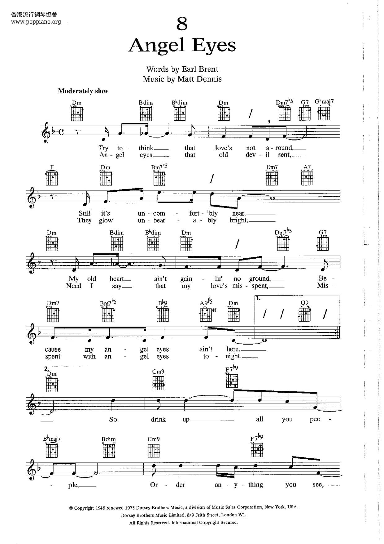 Angel Eyes, (easy) sheet music for piano solo (PDF-interactive)