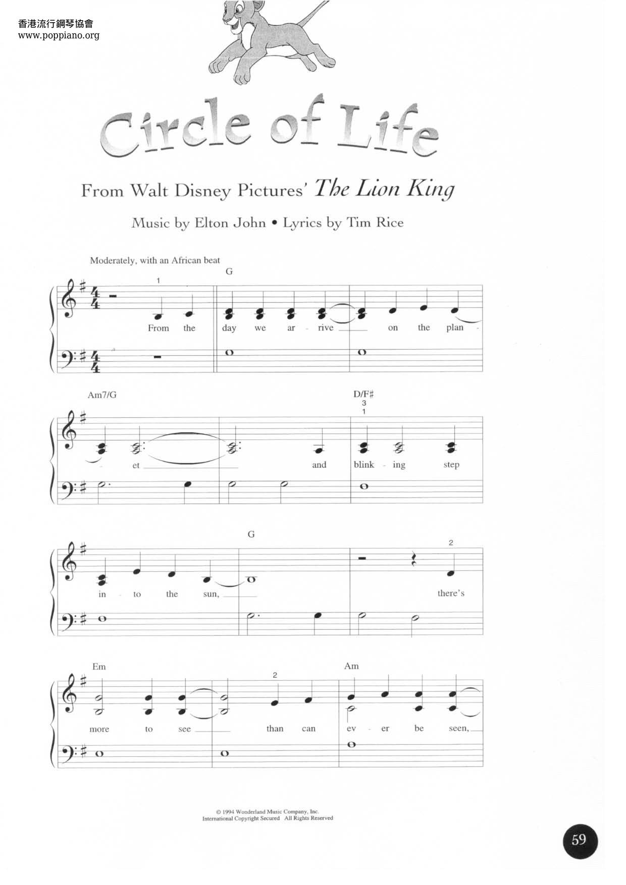 Movie Soundtrack The Lion King Circle Of Life Sheet Music Pdf Free