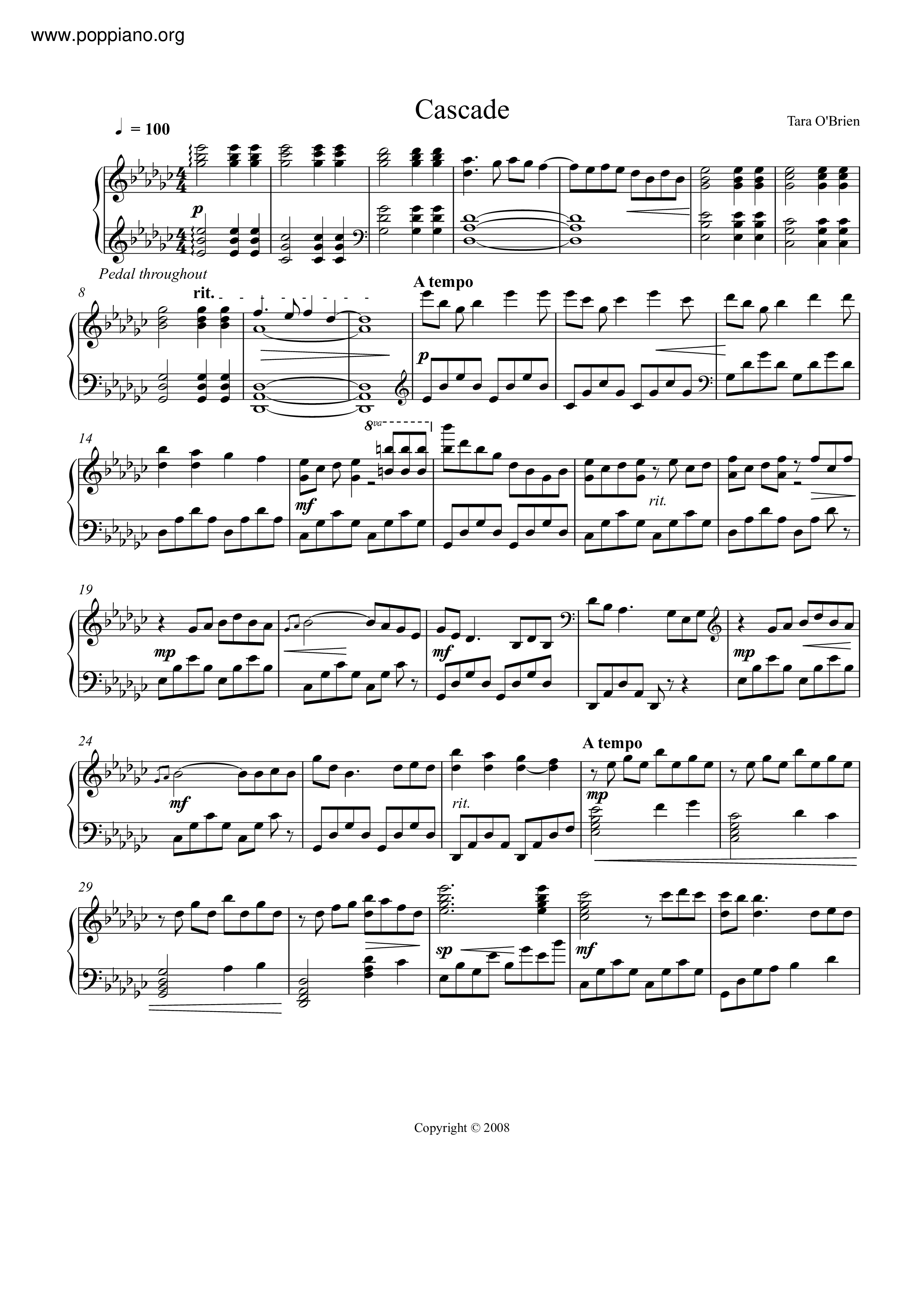 ☆Tara O'Brien - Cascade ピアノ譜pdf- 香港ポップピアノ協会
