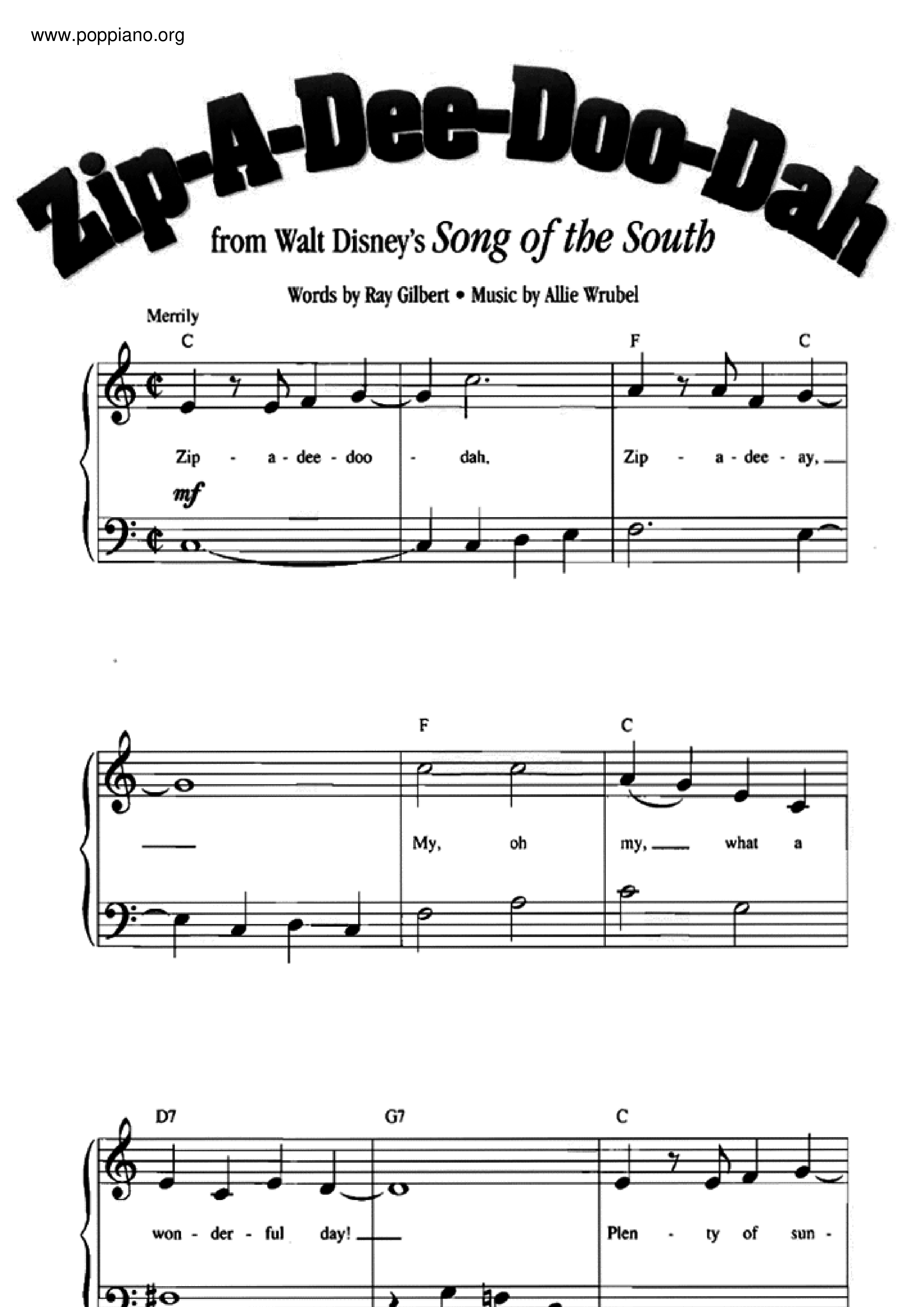 Song Of The South - Zip-A-Dee-Doo-Daピアノ譜