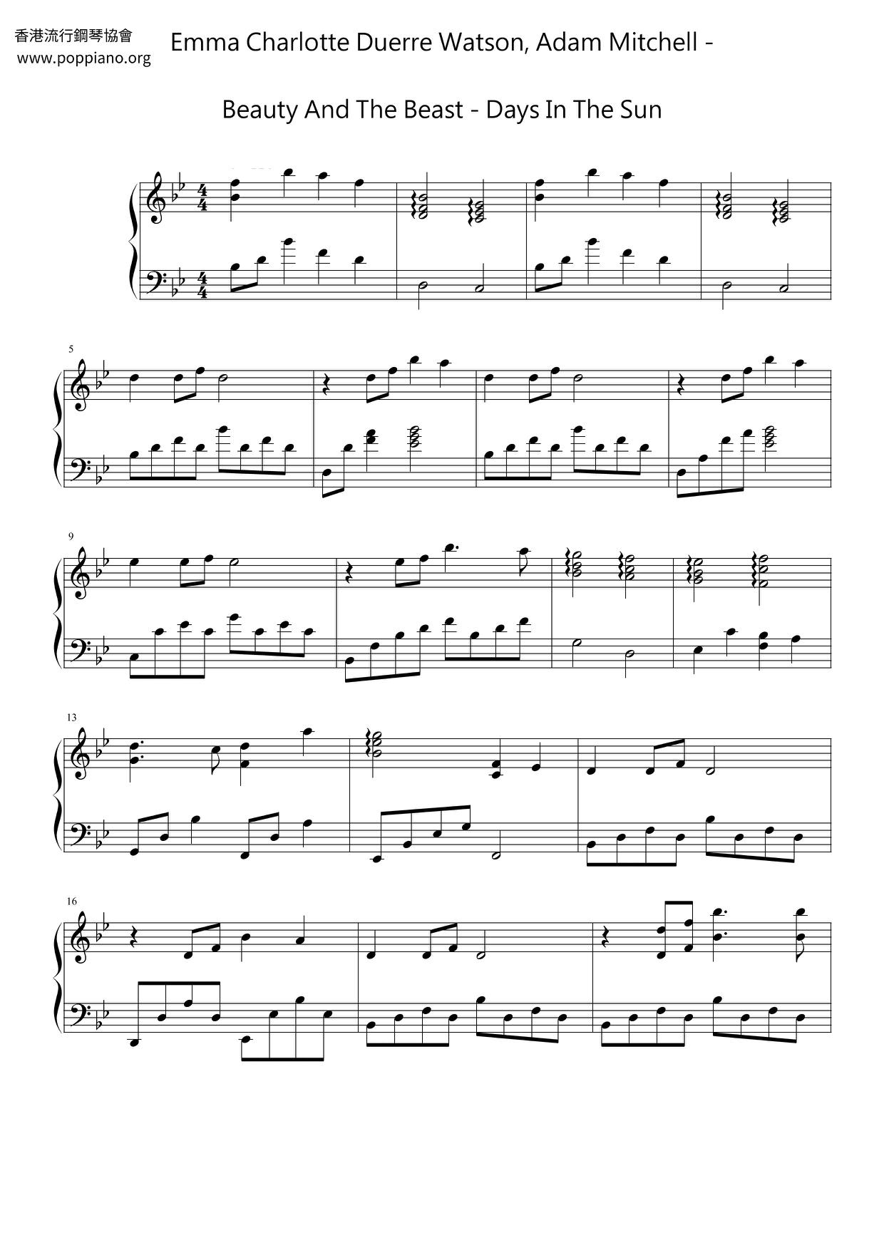 Beauty And The Beast - Days in the Sun琴譜
