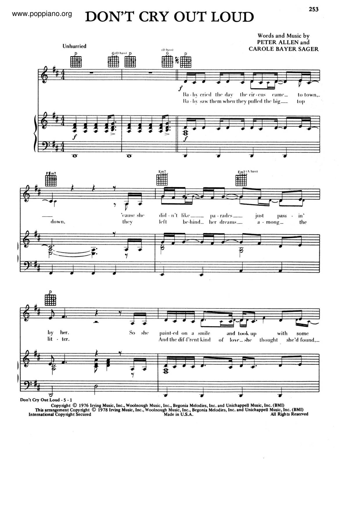 Don't Cry Out Loud Score