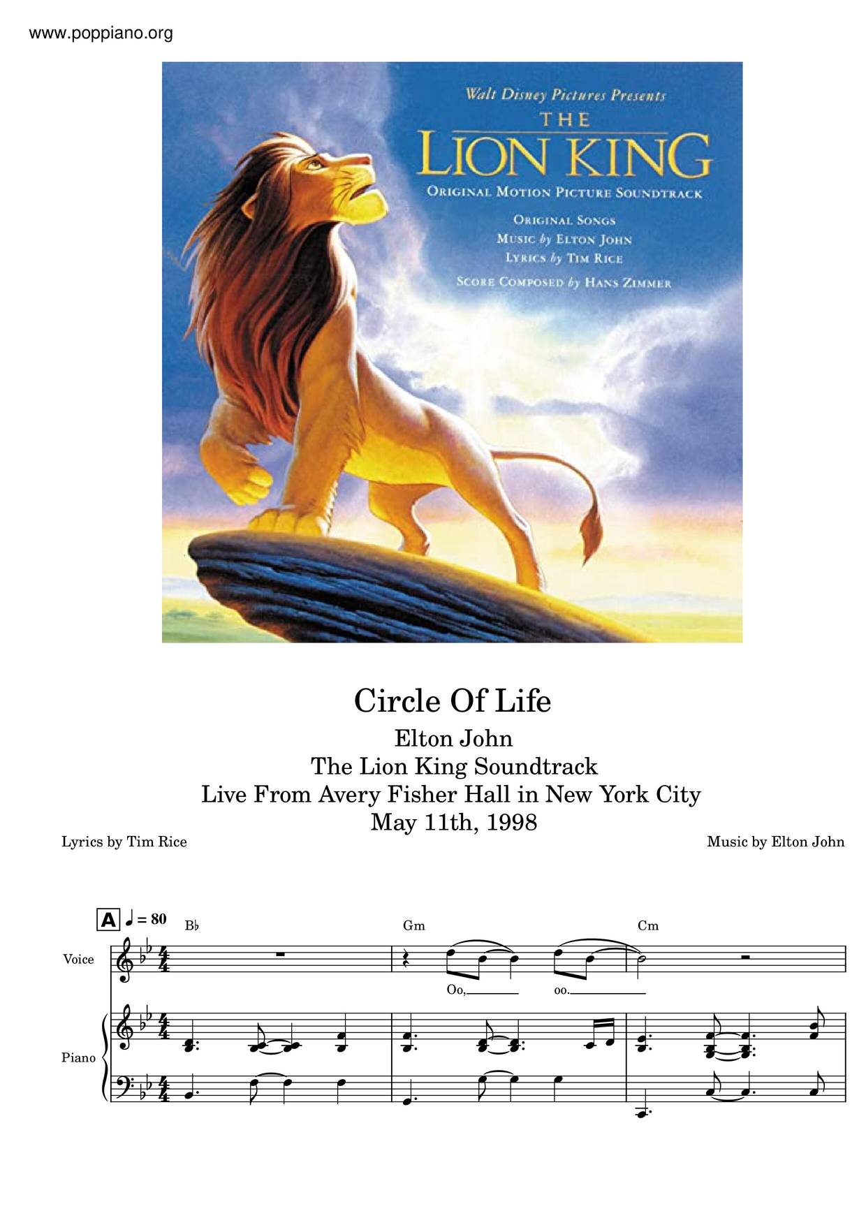 The Lion King - Circle Of Lifeピアノ譜
